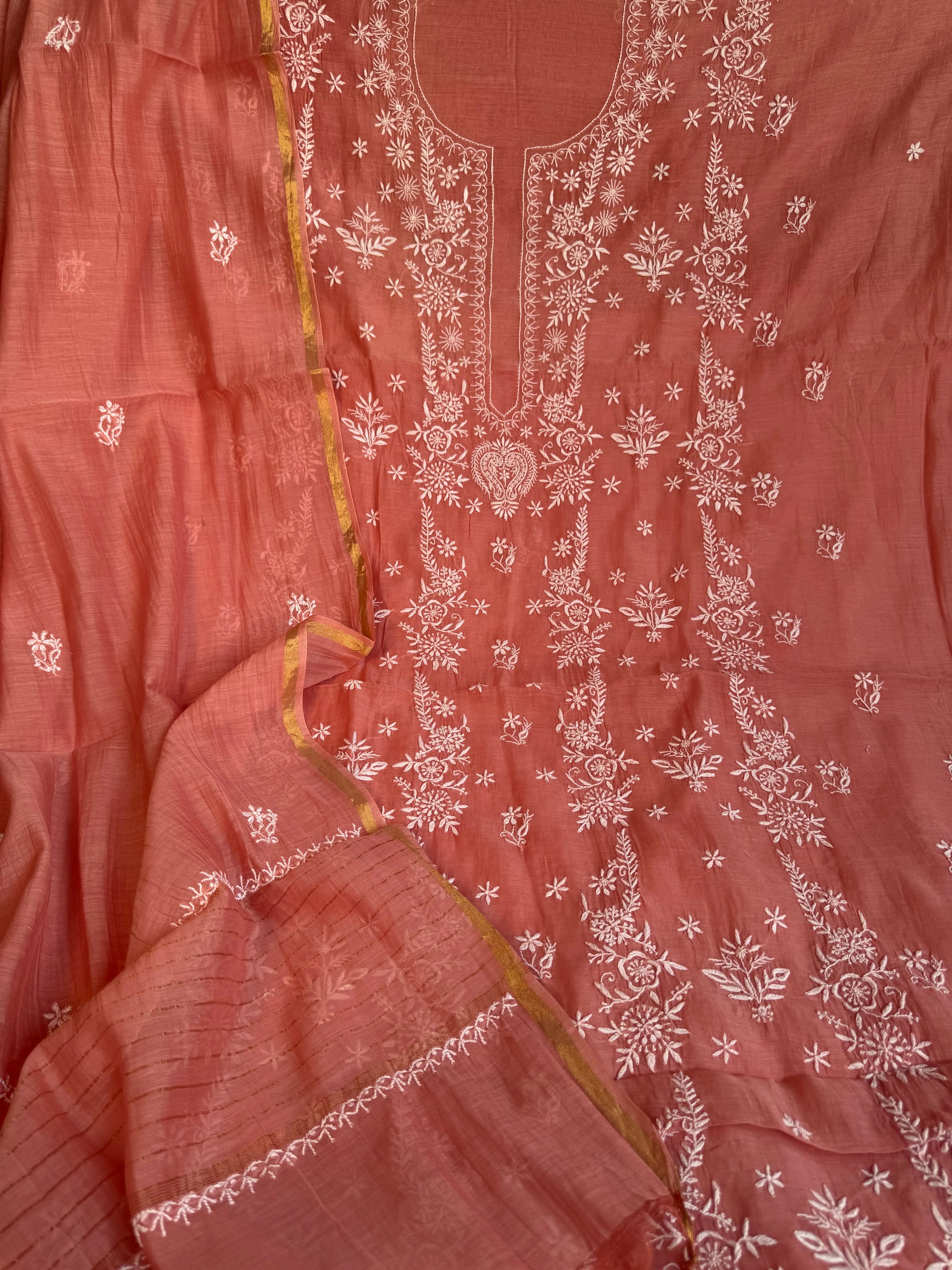 Mul Chanderi Chikankari Unstitched Length with Dupatta - Rosewood ARIAA CHIKANKARI