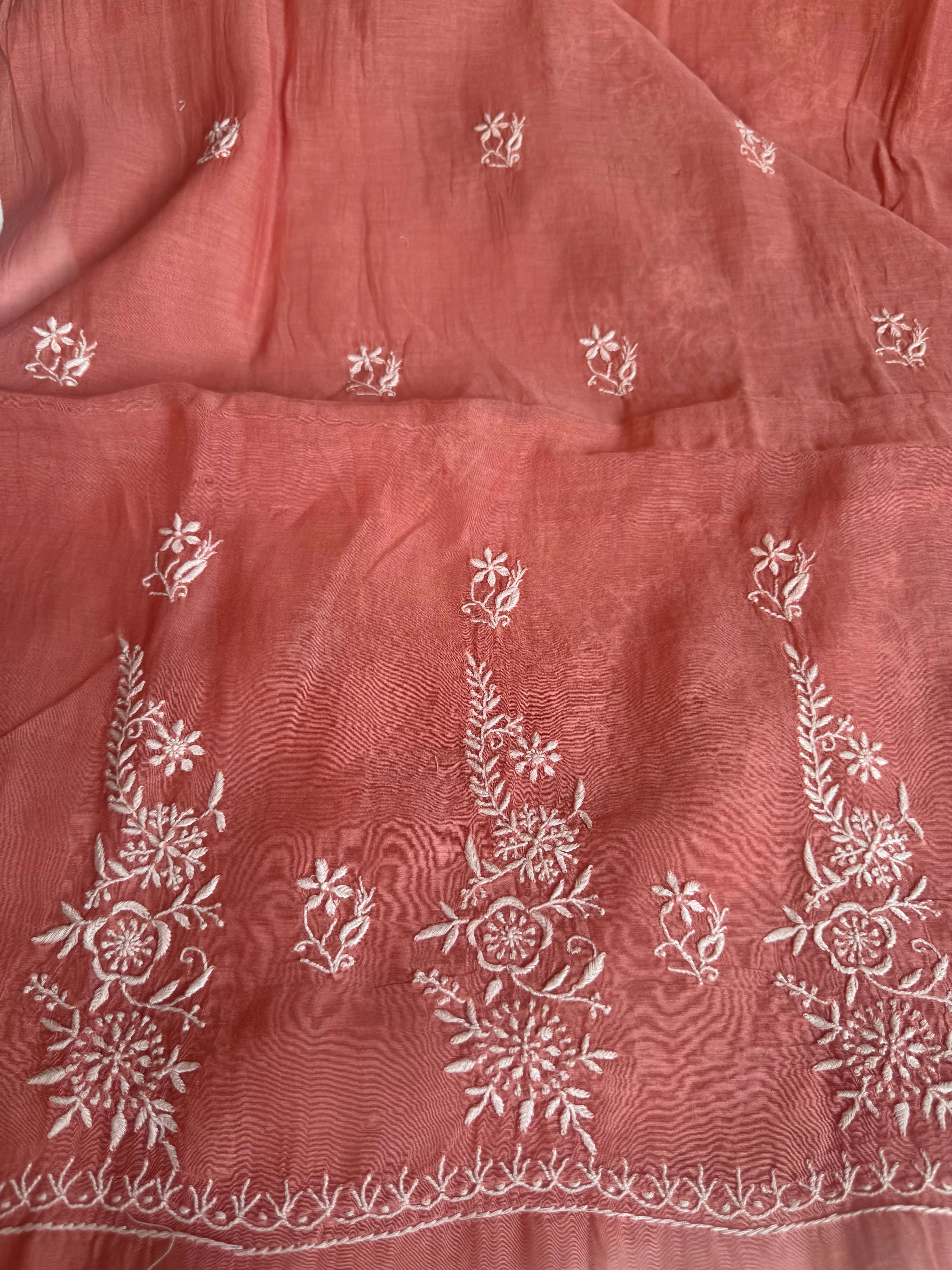 Mul Chanderi Chikankari Unstitched Length with Dupatta - Rosewood ARIAA CHIKANKARI