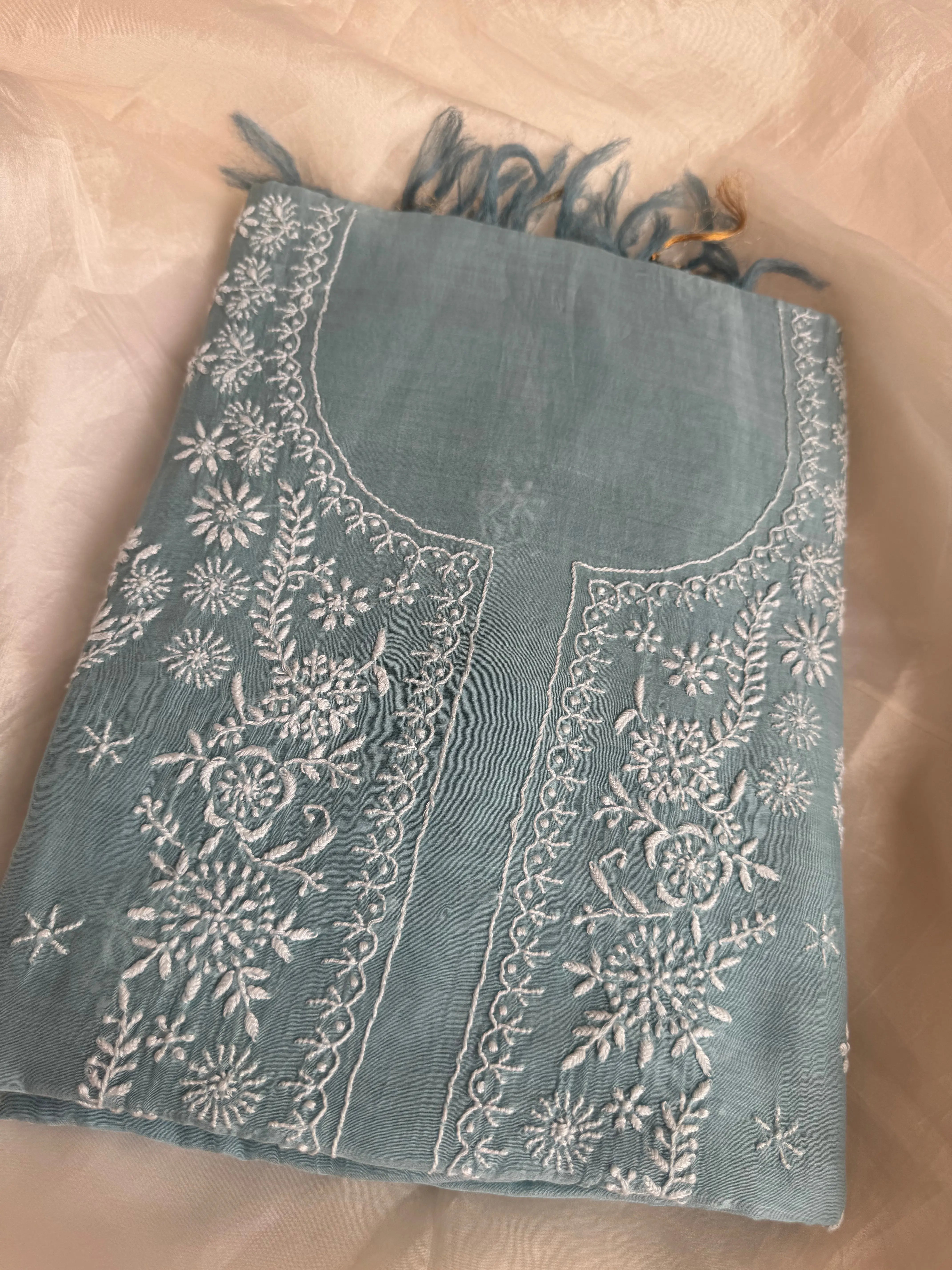 Mul Chanderi Chikankari Unstitched Length with Dupatta -Turkish Blue ARIAA CHIKANKARI