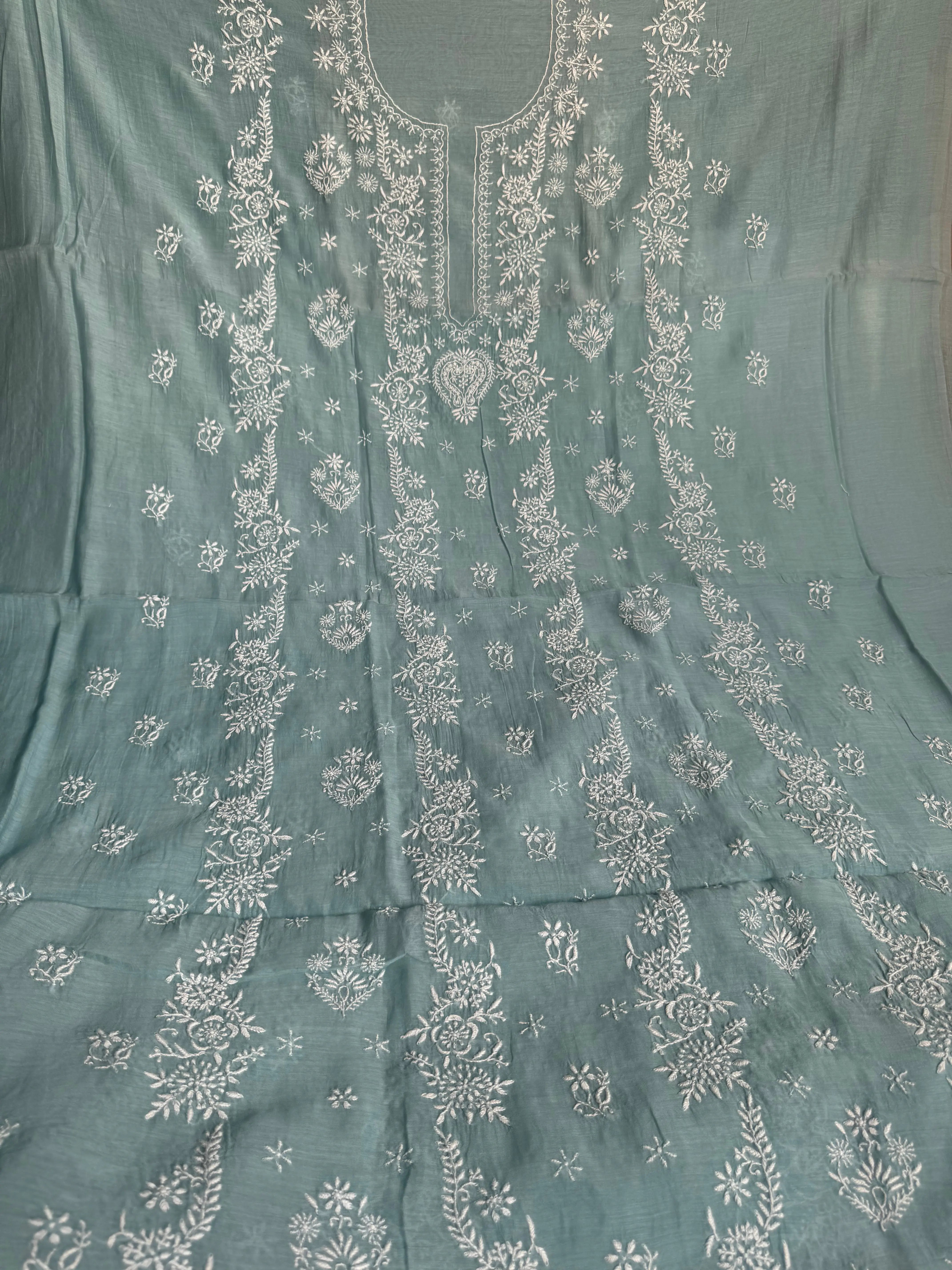 Mul Chanderi Chikankari Unstitched Length with Dupatta -Turkish Blue ARIAA CHIKANKARI