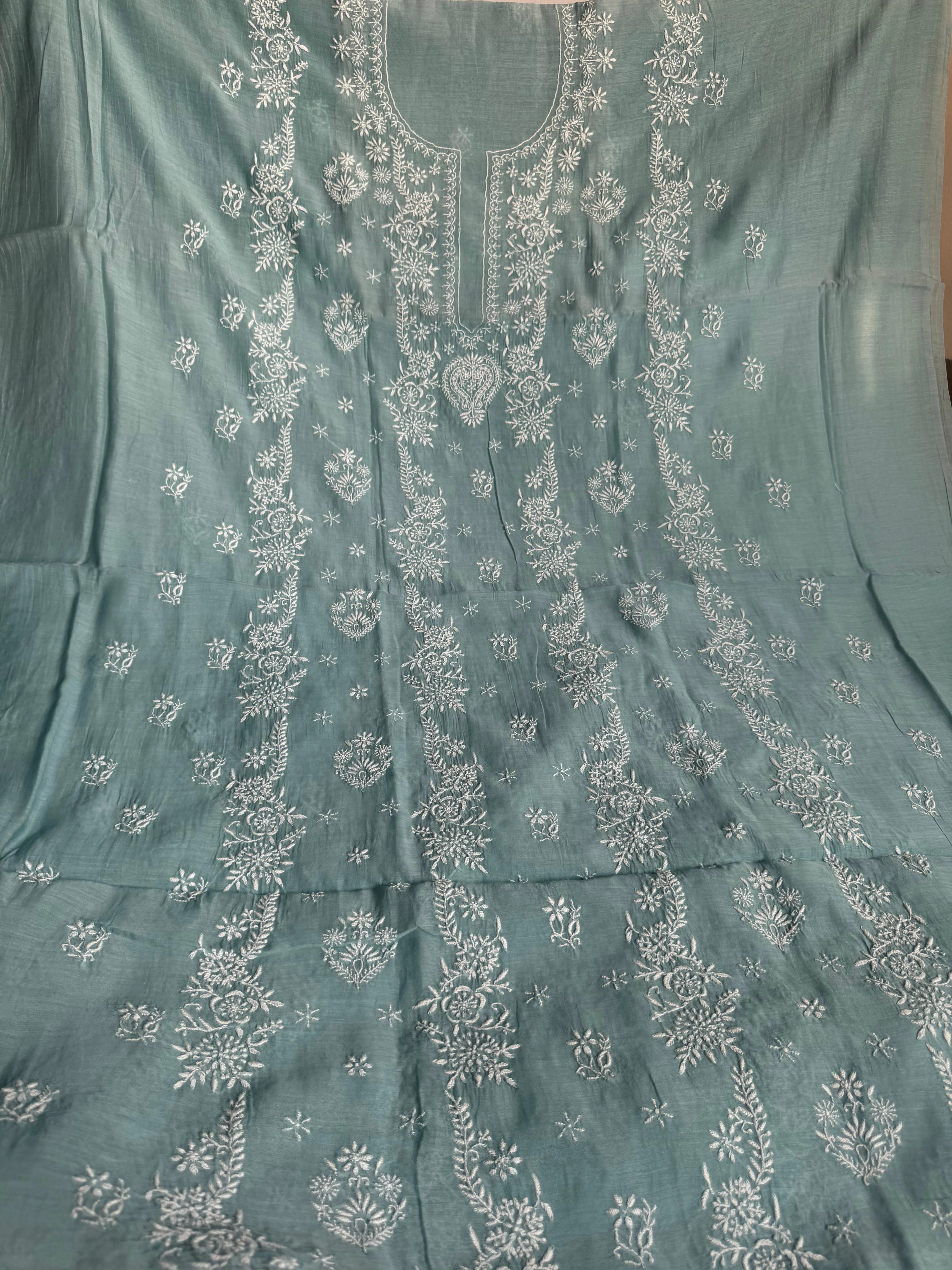 Mul Chanderi Chikankari Unstitched Length with Dupatta -Turkish Blue ARIAA CHIKANKARI