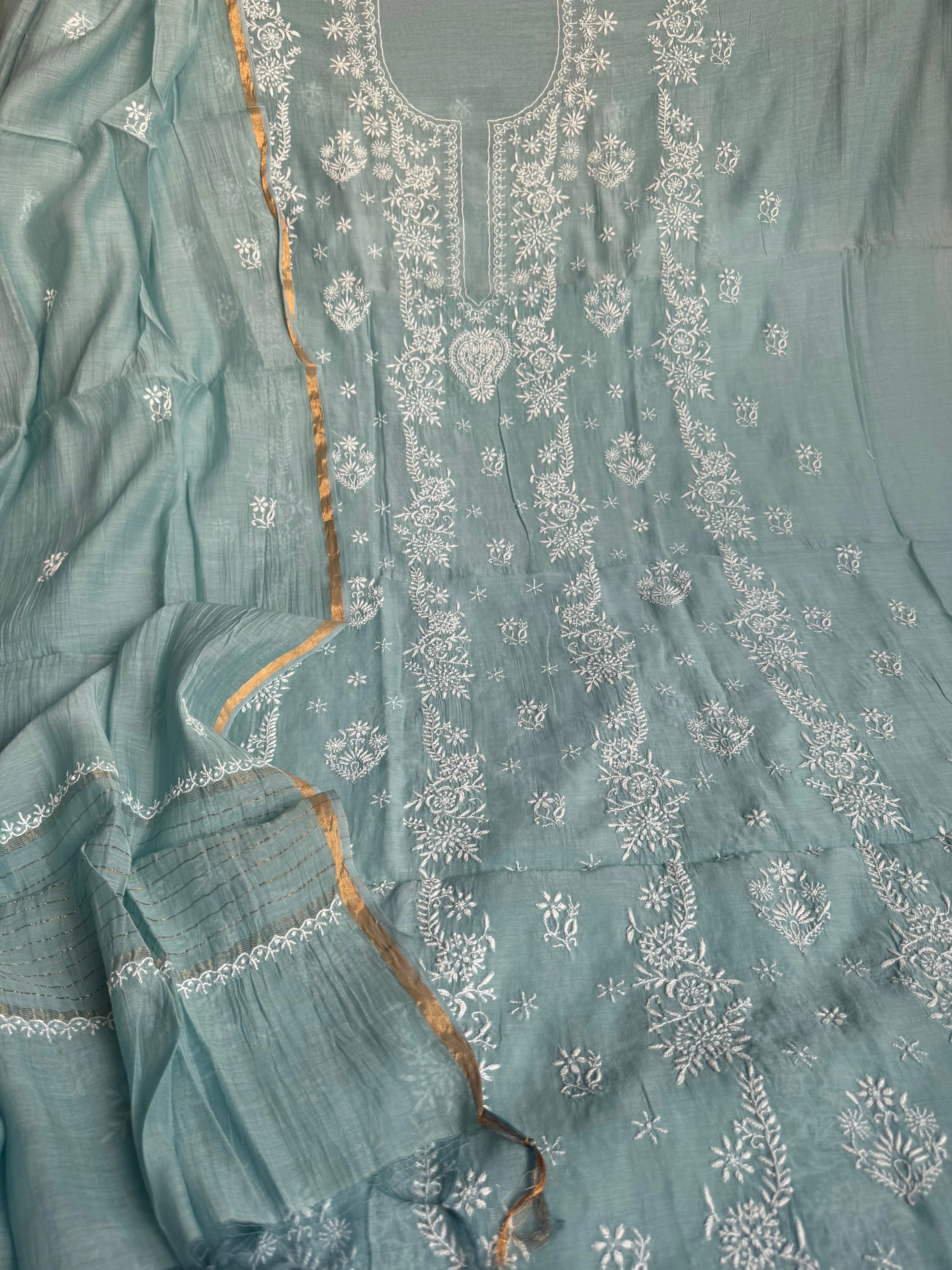 Mul Chanderi Chikankari Unstitched Length with Dupatta -Turkish Blue ARIAA CHIKANKARI