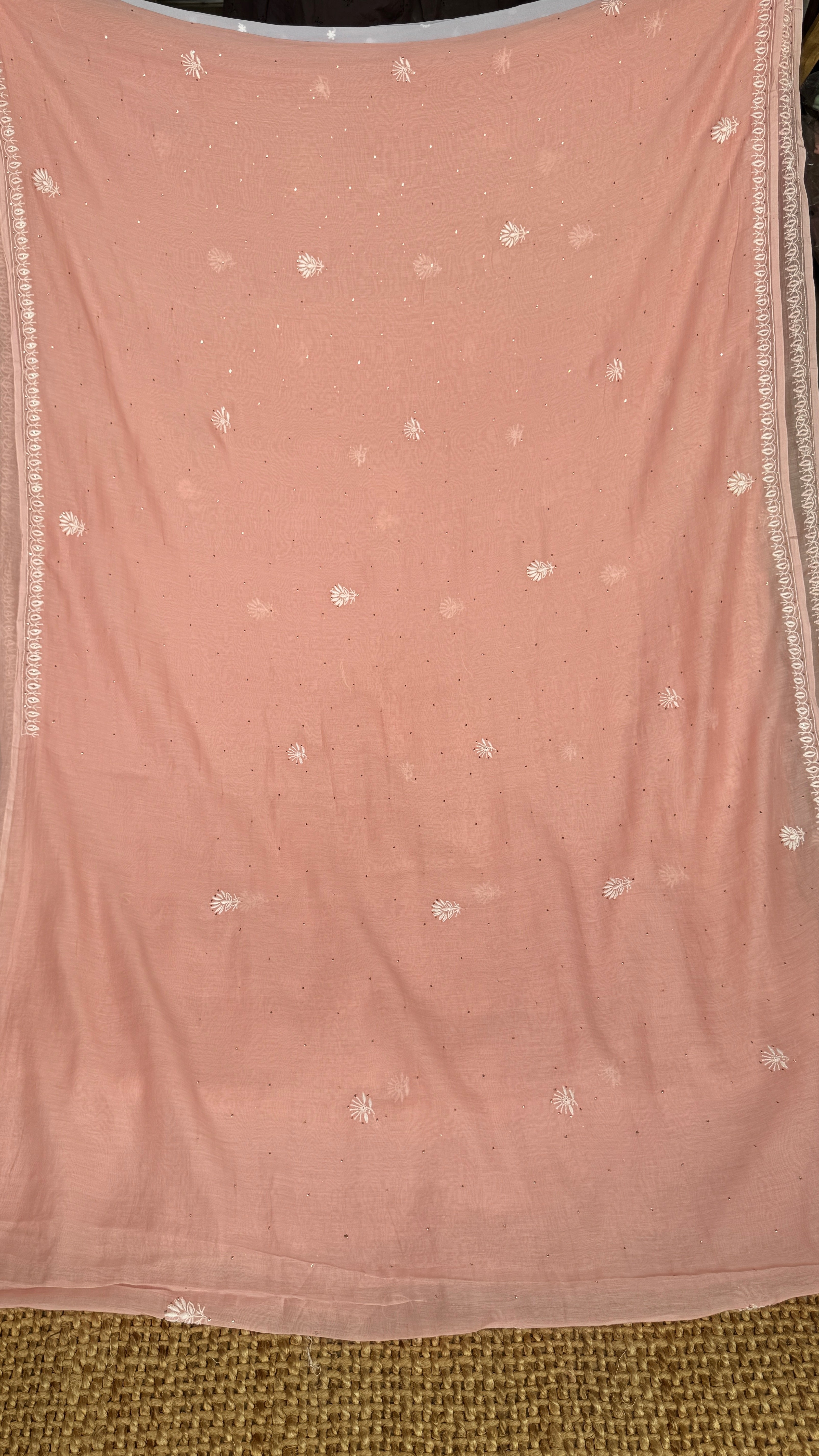 Pure Mul Chanderi Chikankari saree in Pale Pink with Mukaish work
