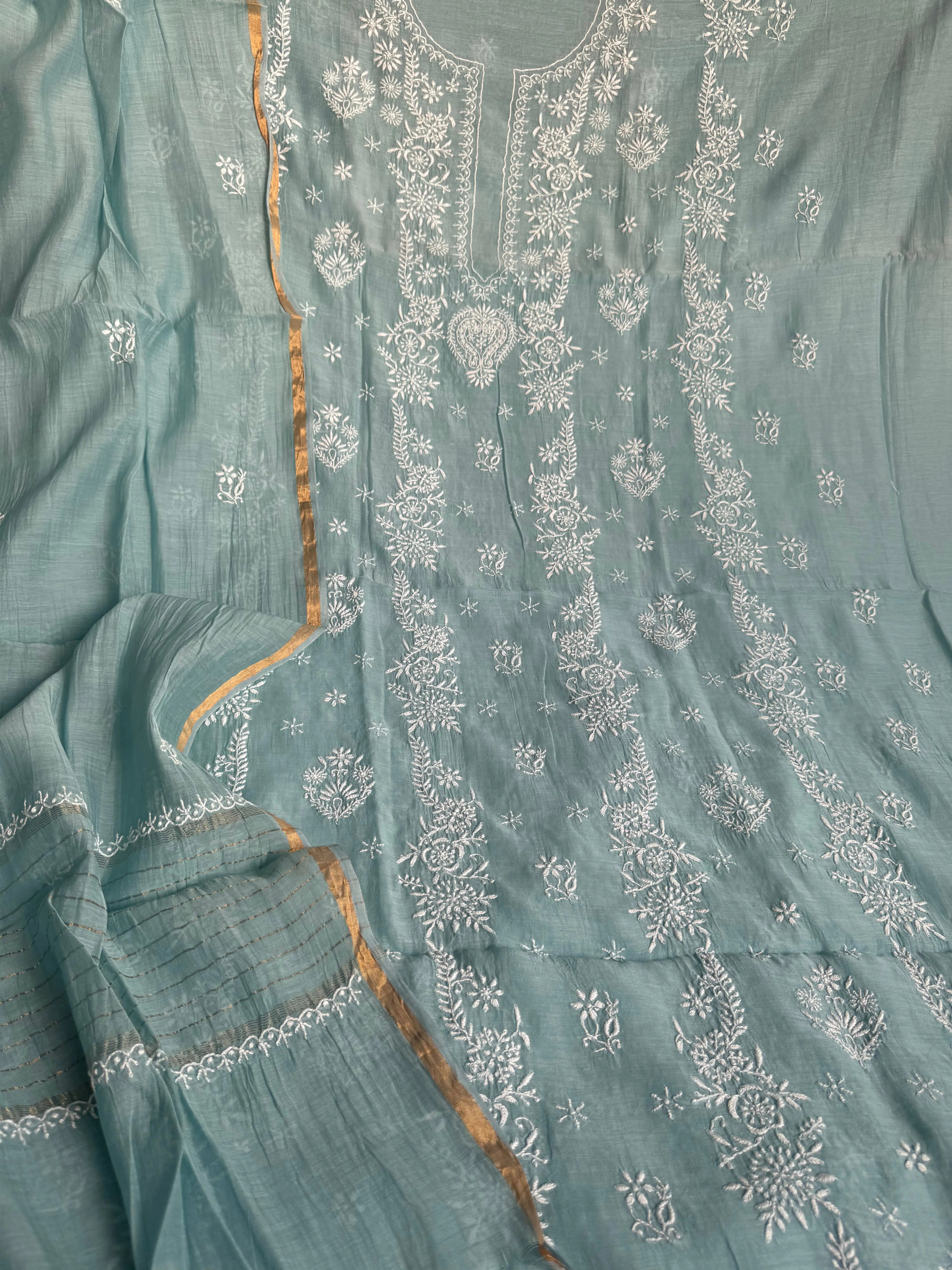Mul Chanderi Chikankari Unstitched Length with Dupatta -Turkish Blue ARIAA CHIKANKARI