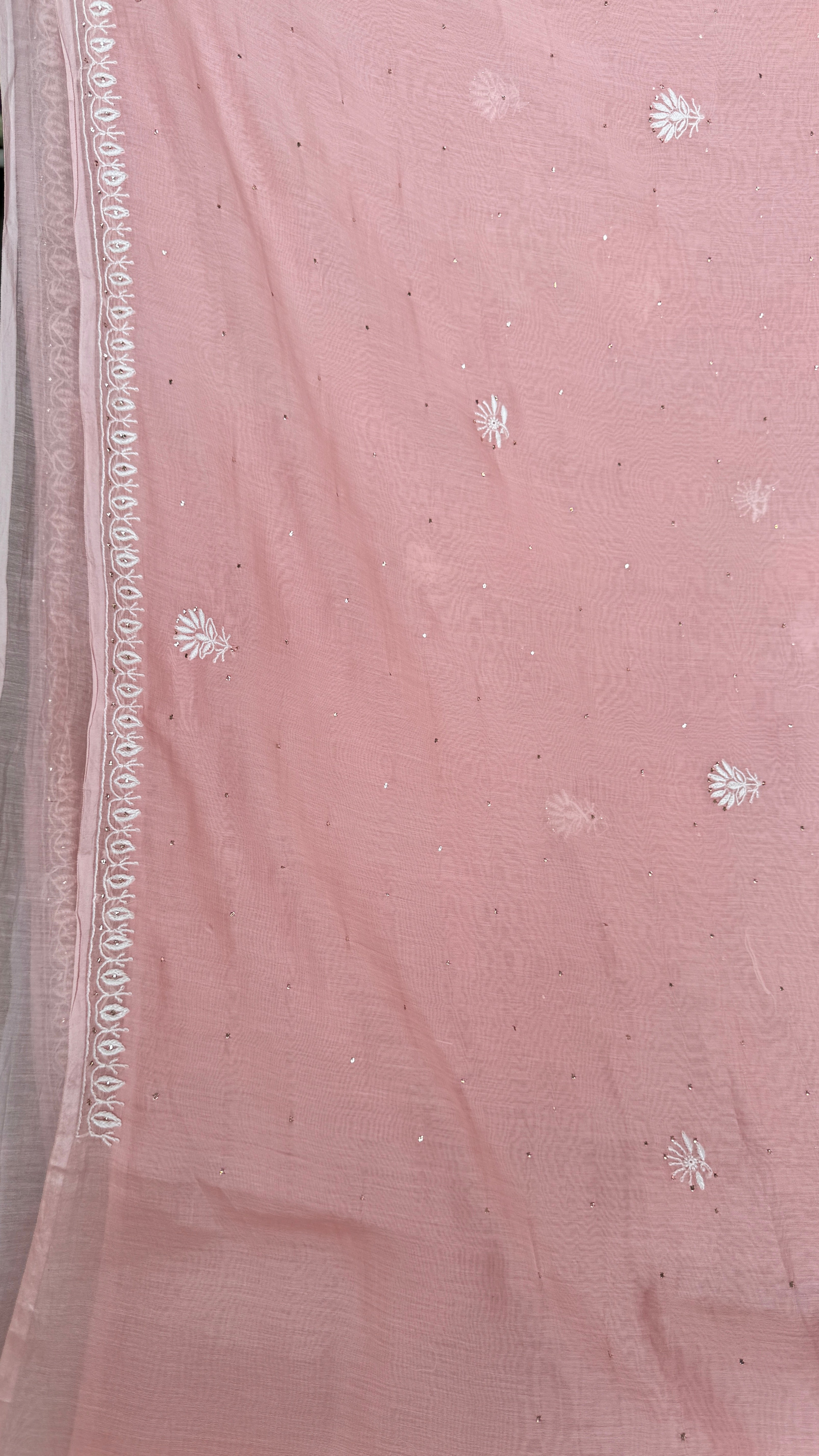 Pure Mul Chanderi Chikankari saree in Pale Pink with Mukaish work