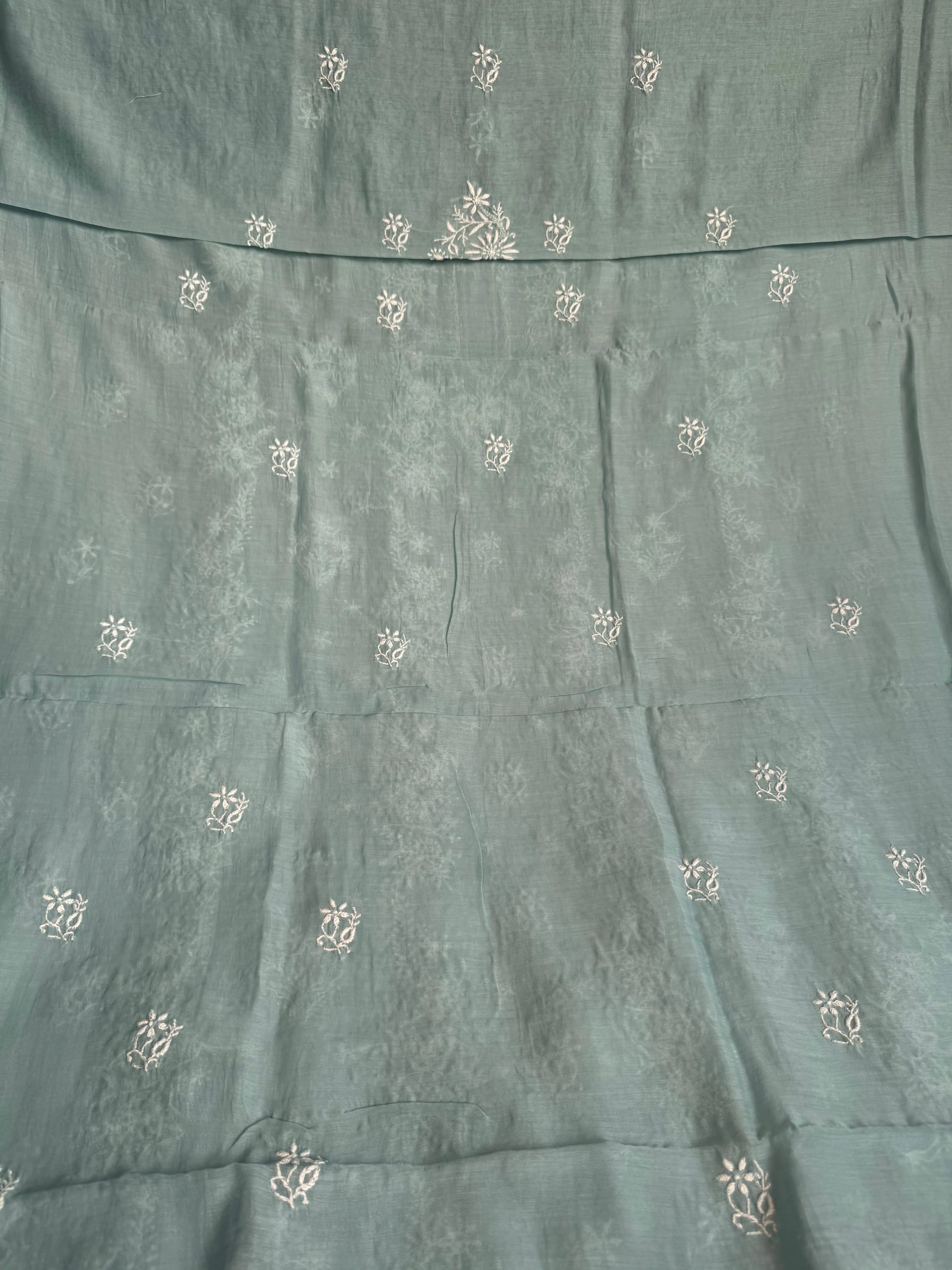 Mul Chanderi Chikankari Unstitched Length with Dupatta -Turkish Blue ARIAA CHIKANKARI