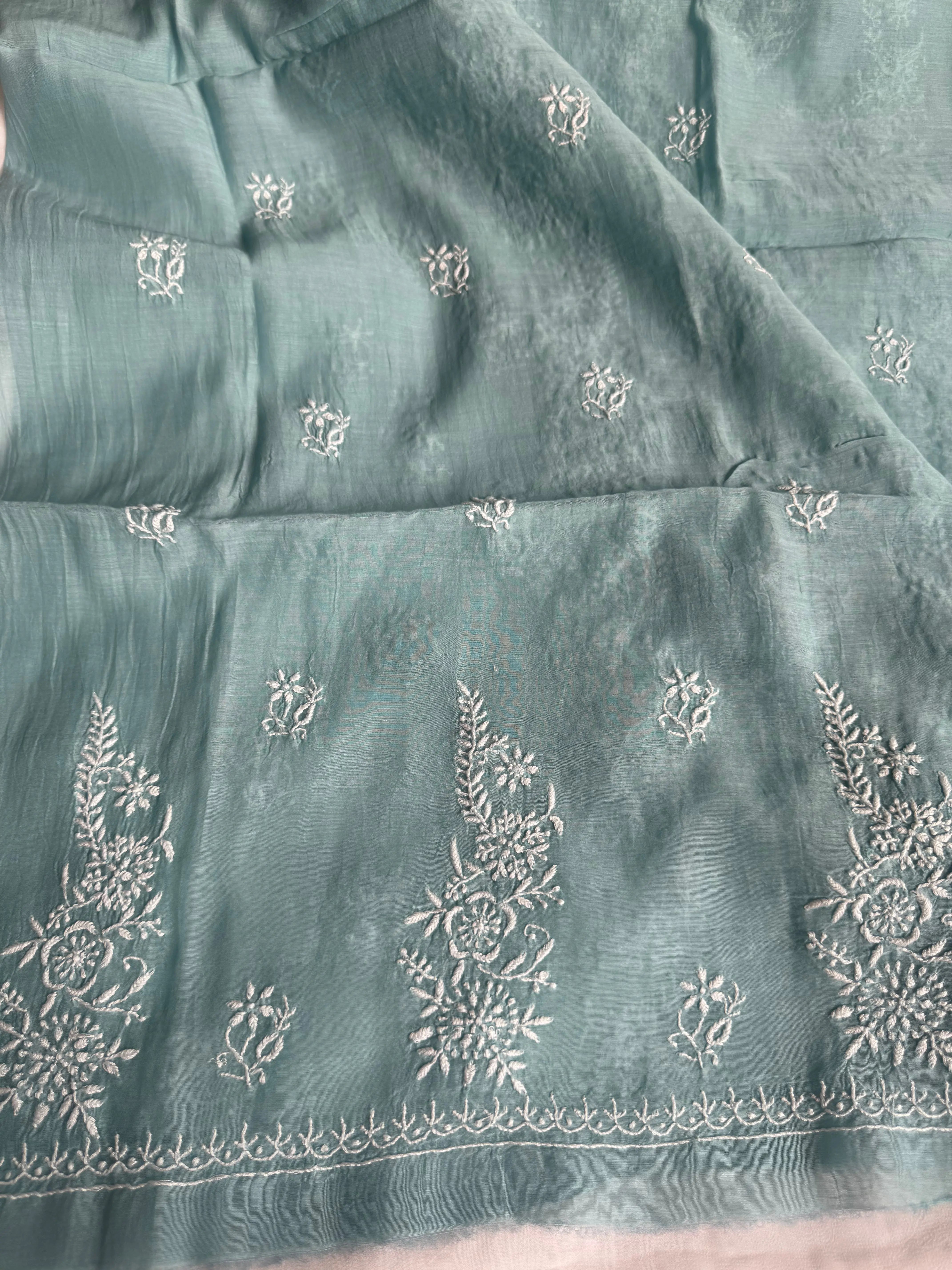 Mul Chanderi Chikankari Unstitched Length with Dupatta -Turkish Blue ARIAA CHIKANKARI