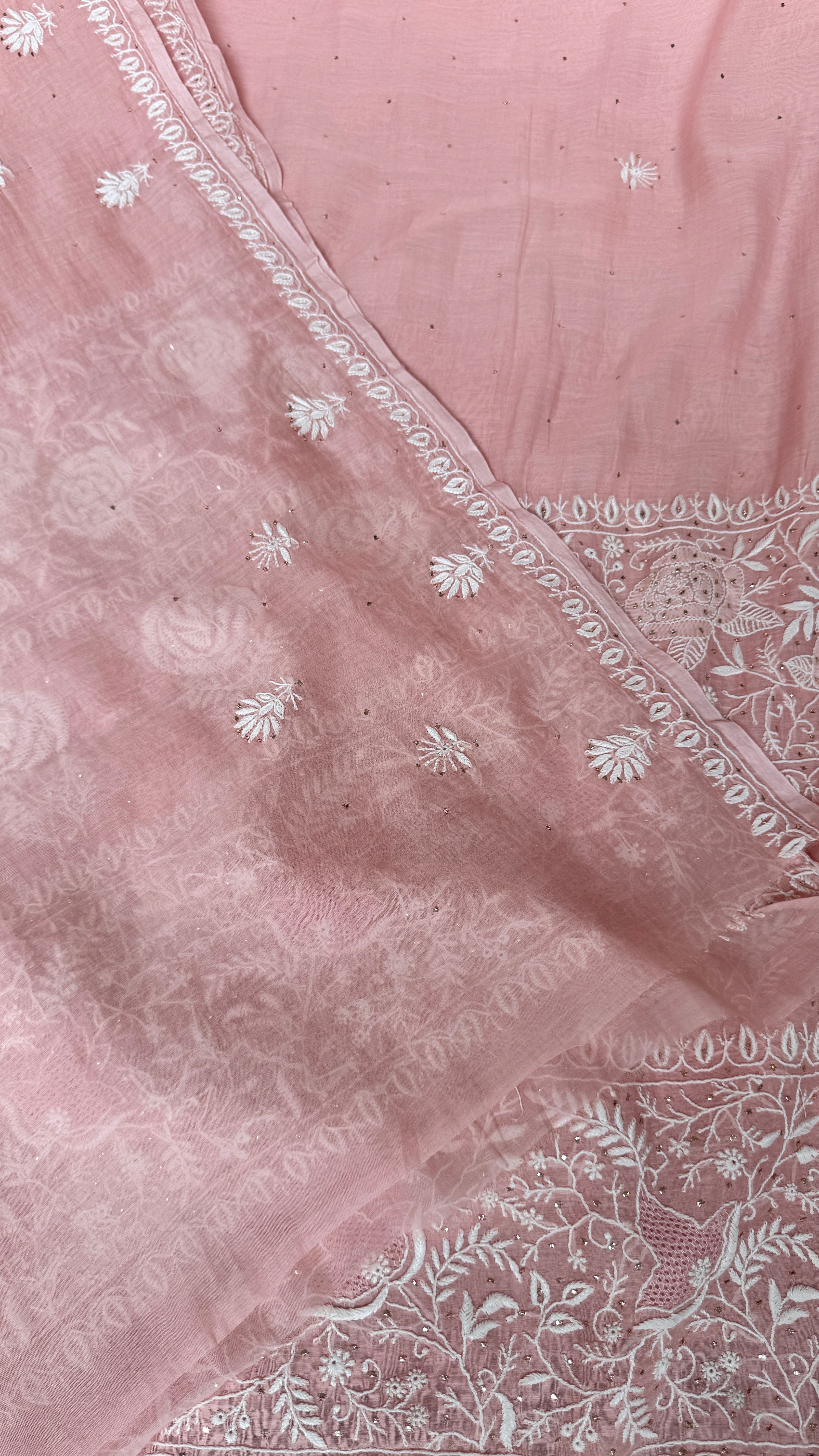 Pure Mul Chanderi Chikankari saree in Pale Pink with Mukaish work