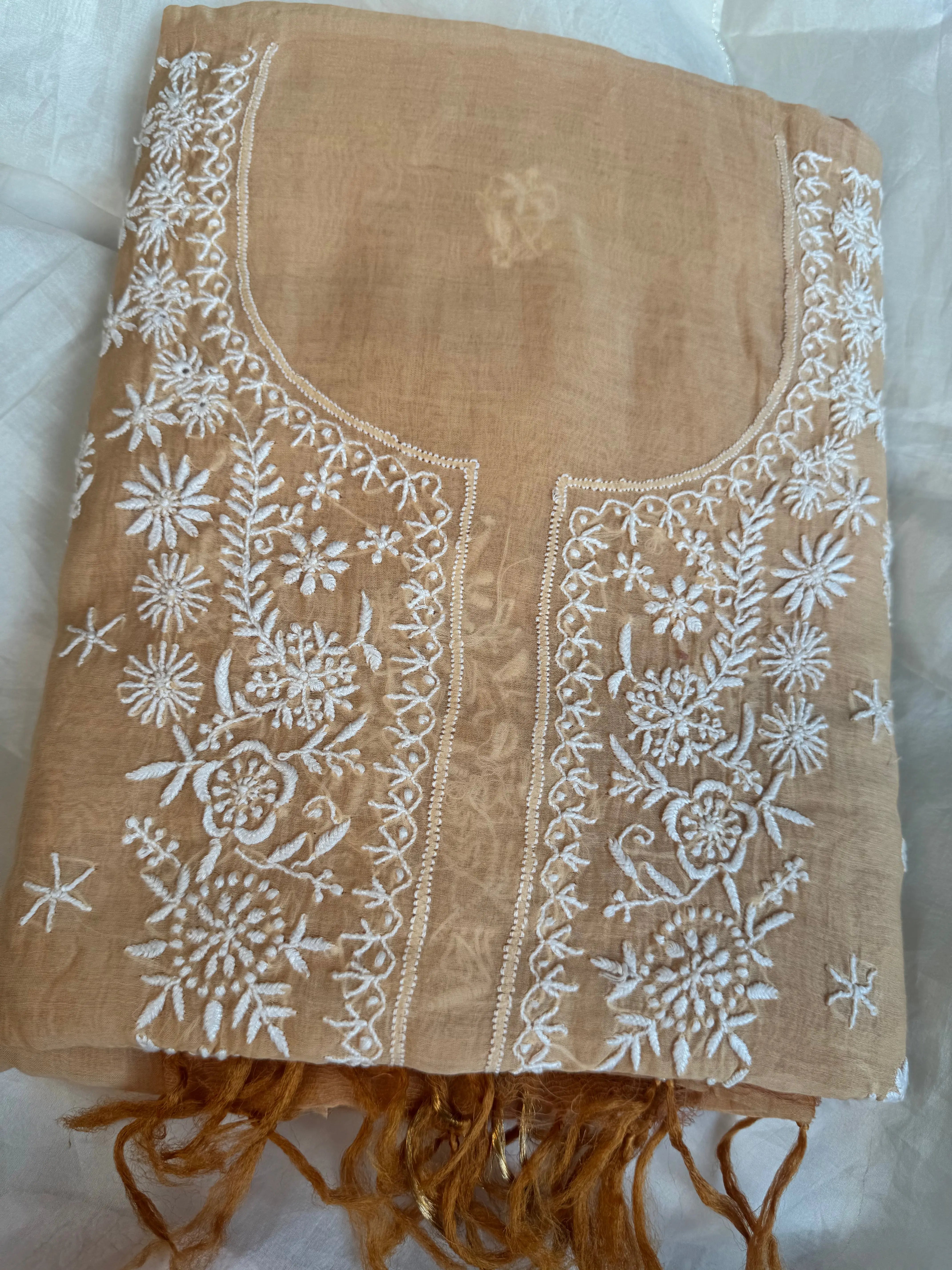 Mul Chanderi Chikankari Unstitched Length with Dupatta -Beige Ombre ARIAA CHIKANKARI