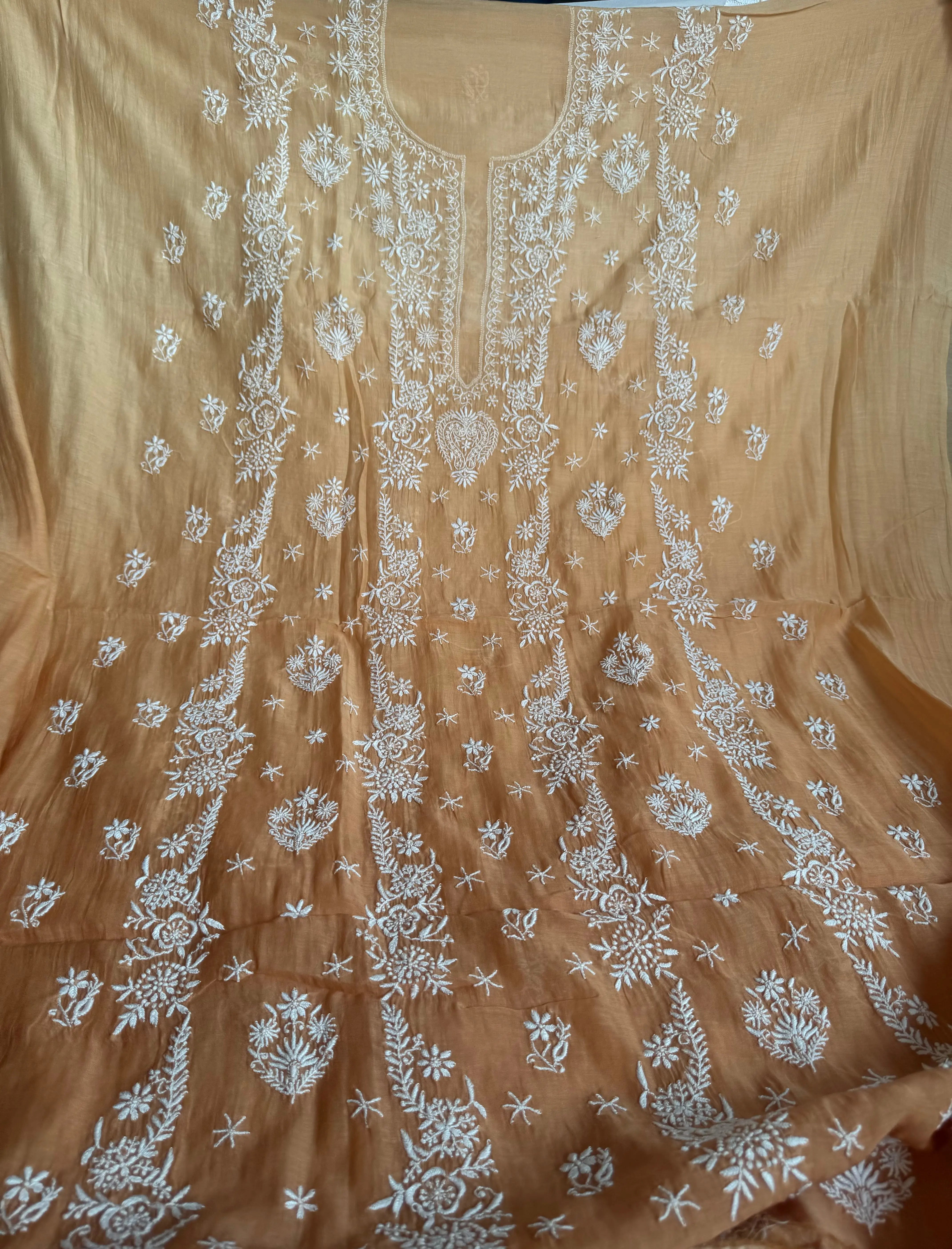 Mul Chanderi Chikankari Unstitched Length with Dupatta -Beige Ombre ARIAA CHIKANKARI
