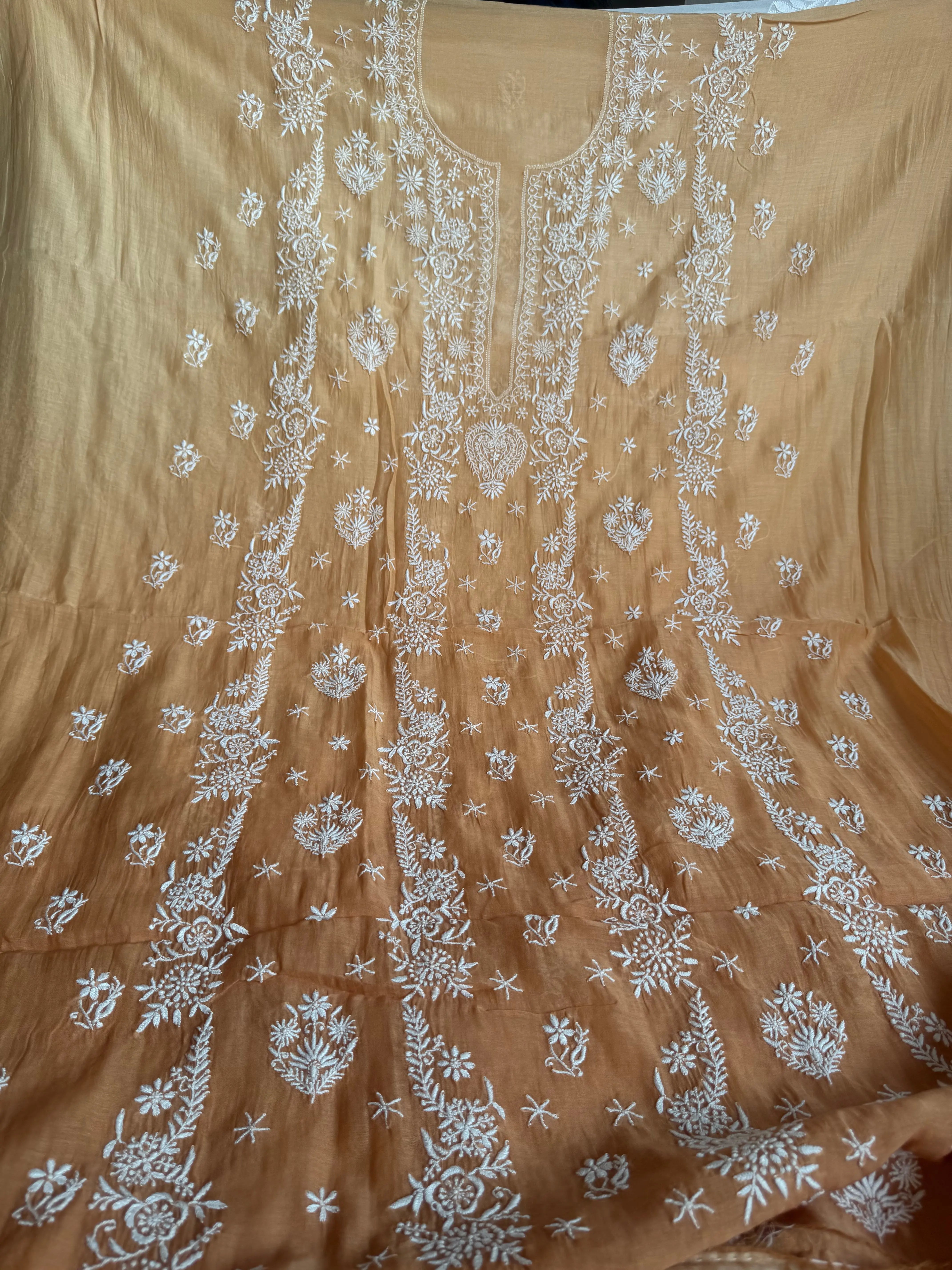 Mul Chanderi Chikankari Unstitched Length with Dupatta -Beige Ombre ARIAA CHIKANKARI