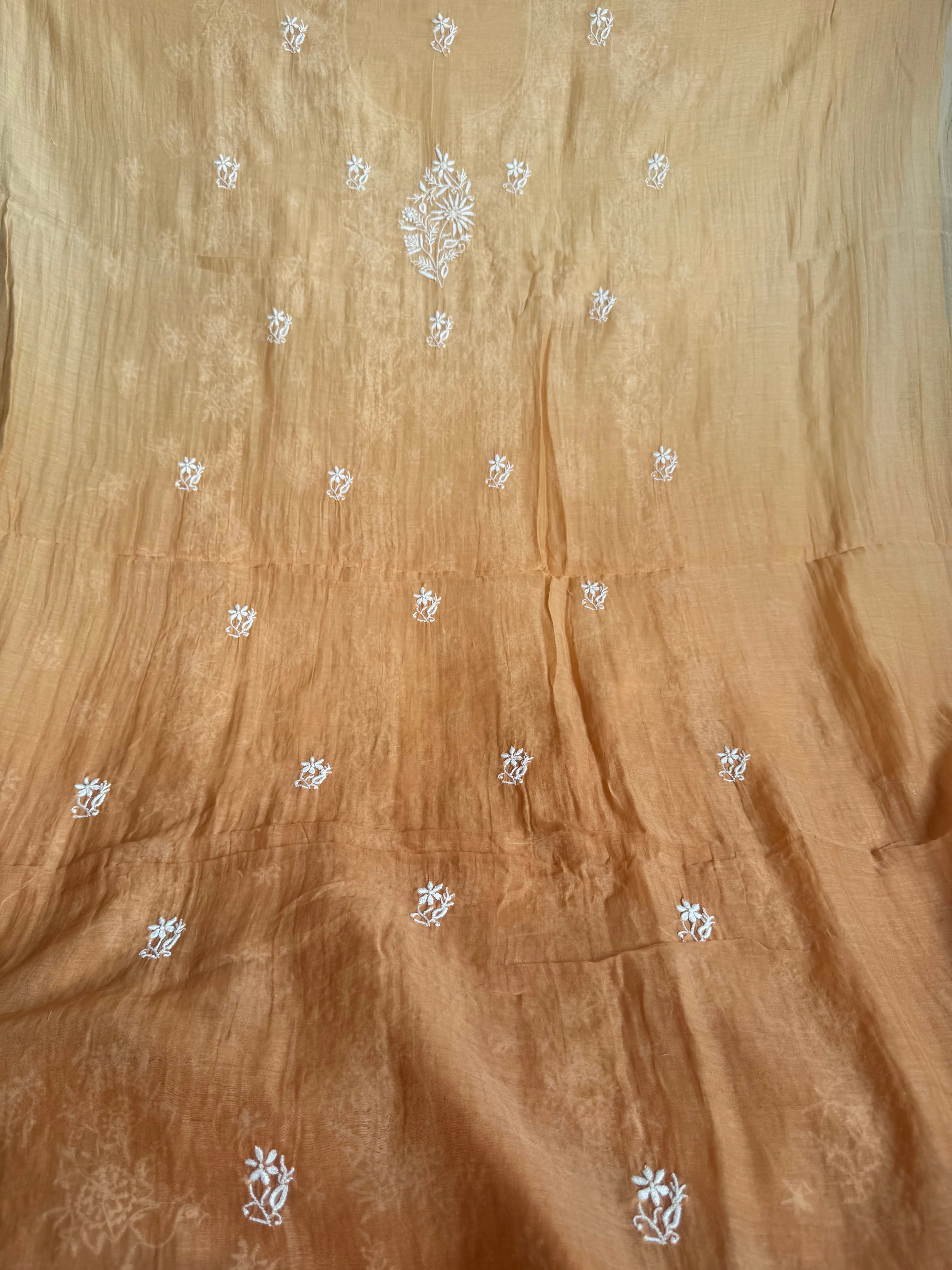 Mul Chanderi Chikankari Unstitched Length with Dupatta -Beige Ombre ARIAA CHIKANKARI