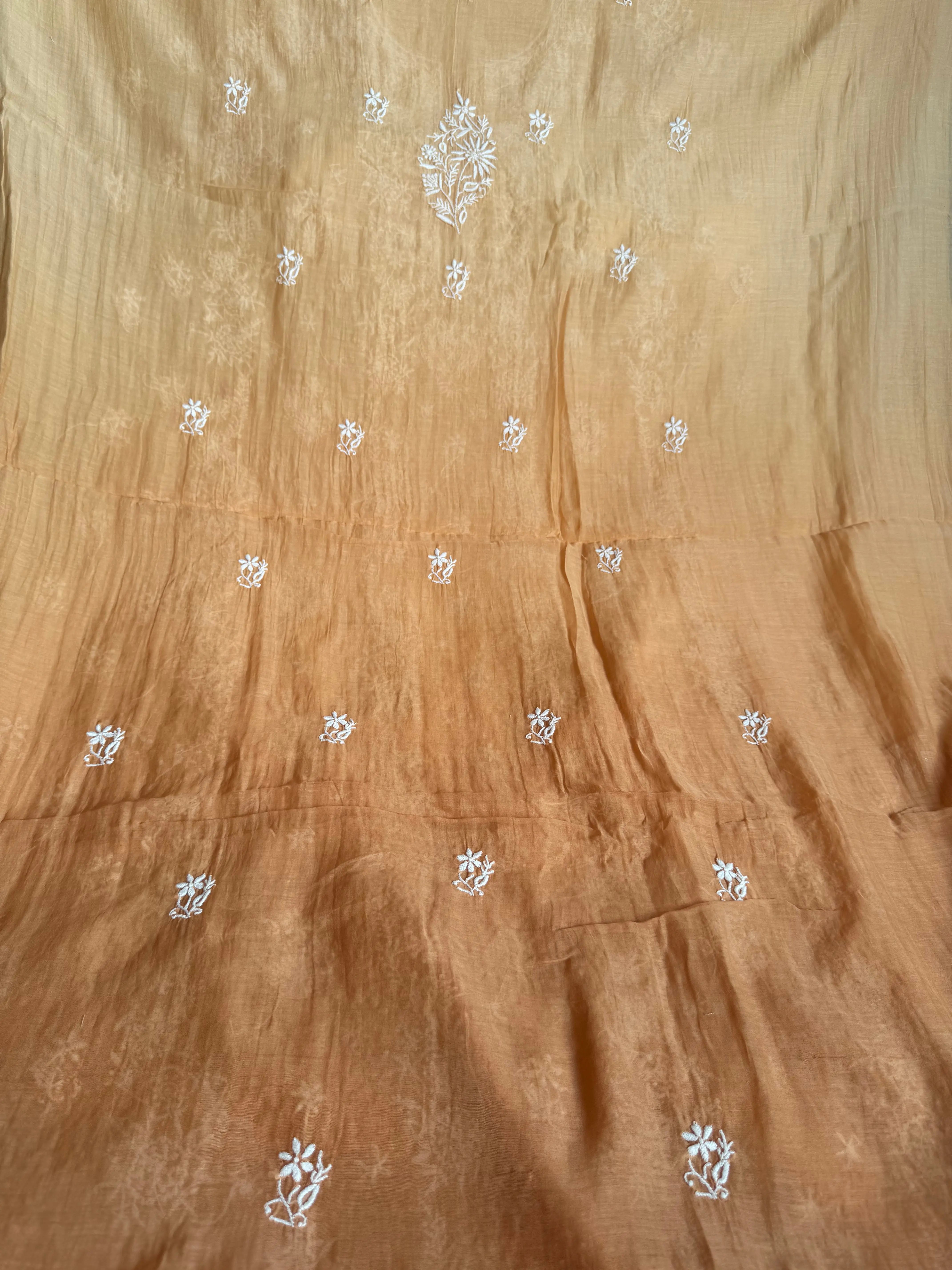 Mul Chanderi Chikankari Unstitched Length with Dupatta -Beige Ombre ARIAA CHIKANKARI