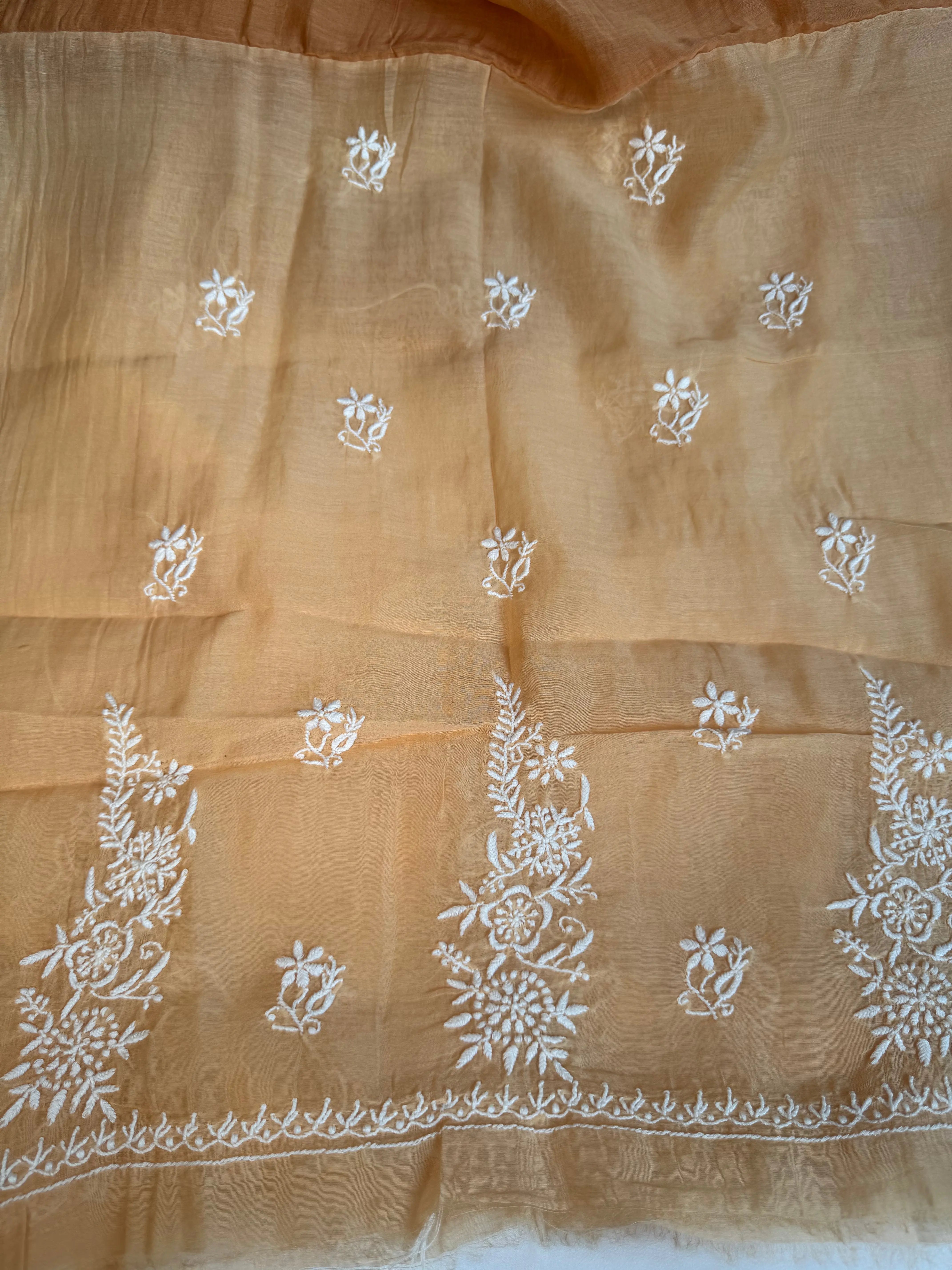 Mul Chanderi Chikankari Unstitched Length with Dupatta -Beige Ombre ARIAA CHIKANKARI