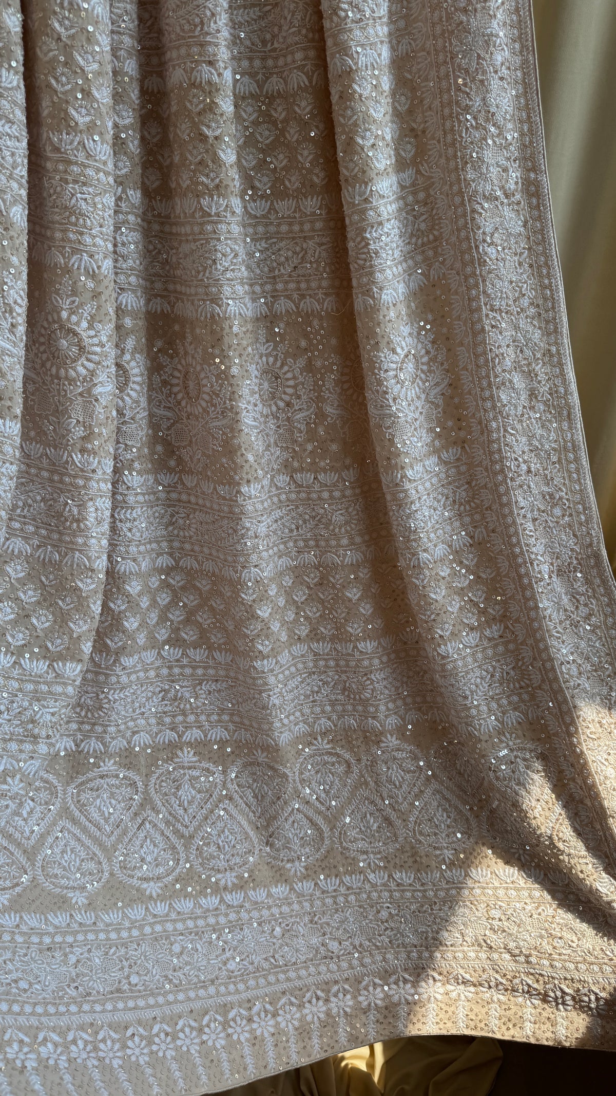 Pure Georgette Lucknow Chikankari Saree -Champagne Beige- Rooh Collection