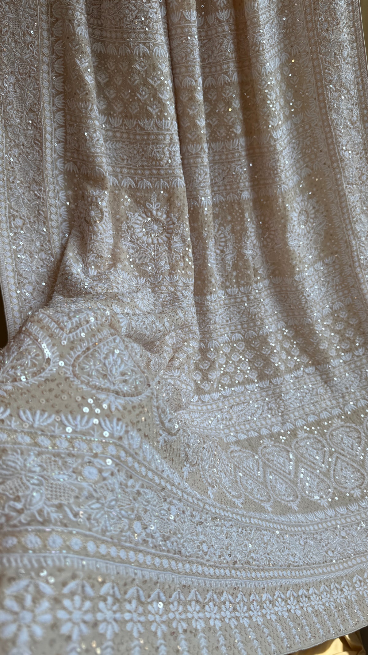 Pure Georgette Lucknow Chikankari Saree -Champagne Beige- Rooh Collection