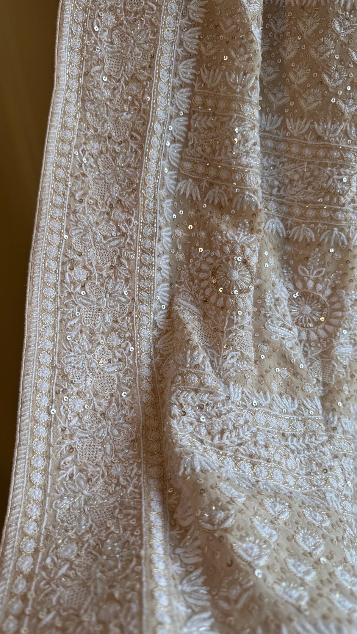 Pure Georgette Lucknow Chikankari Saree -Champagne Beige- Rooh Collection