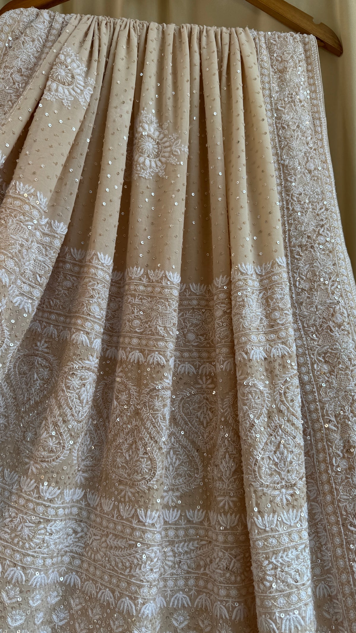 Pure Georgette Lucknow Chikankari Saree -Champagne Beige- Rooh Collection