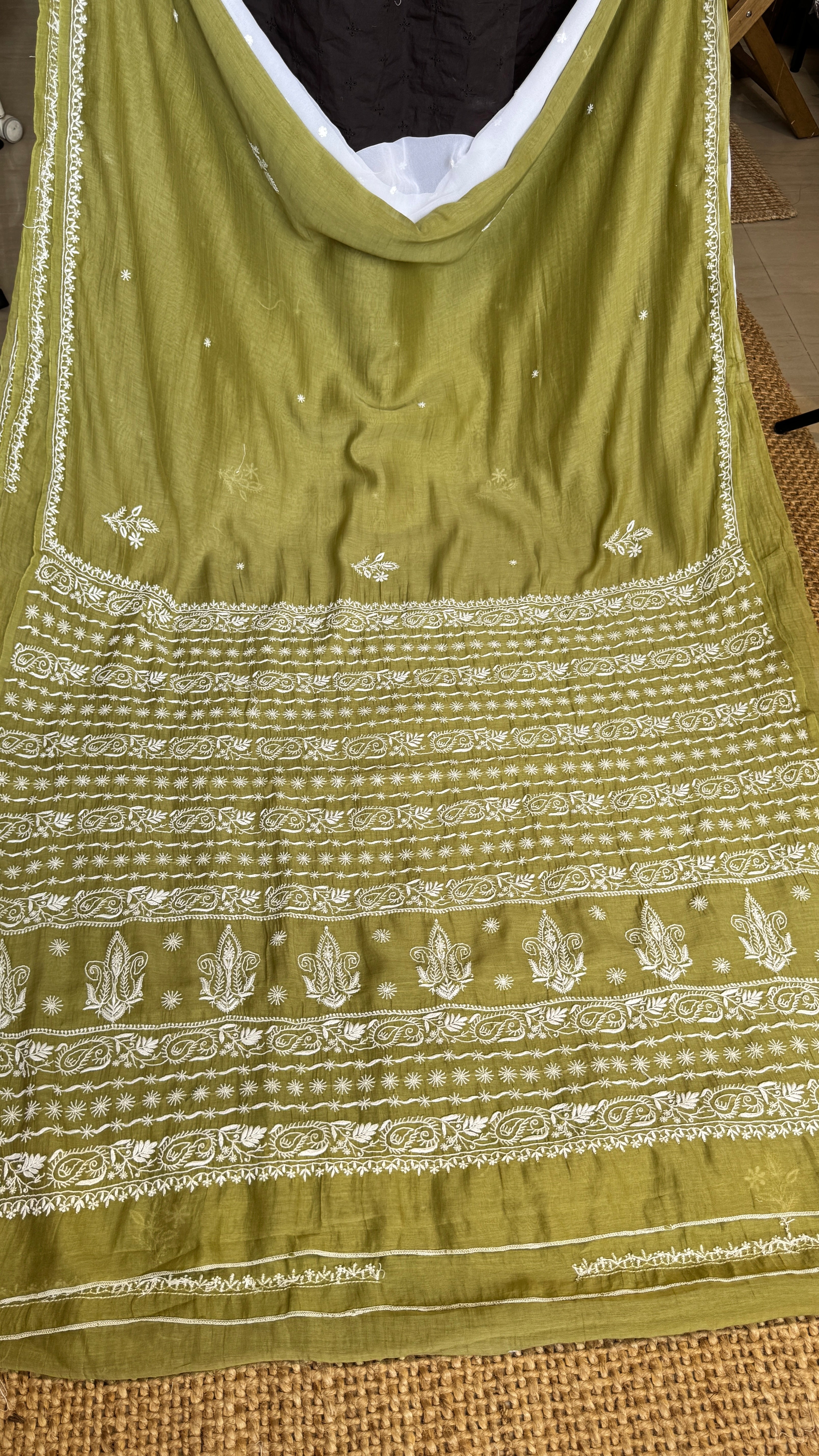 Pure Mul Chanderi Chikankari saree in Mehandi Green