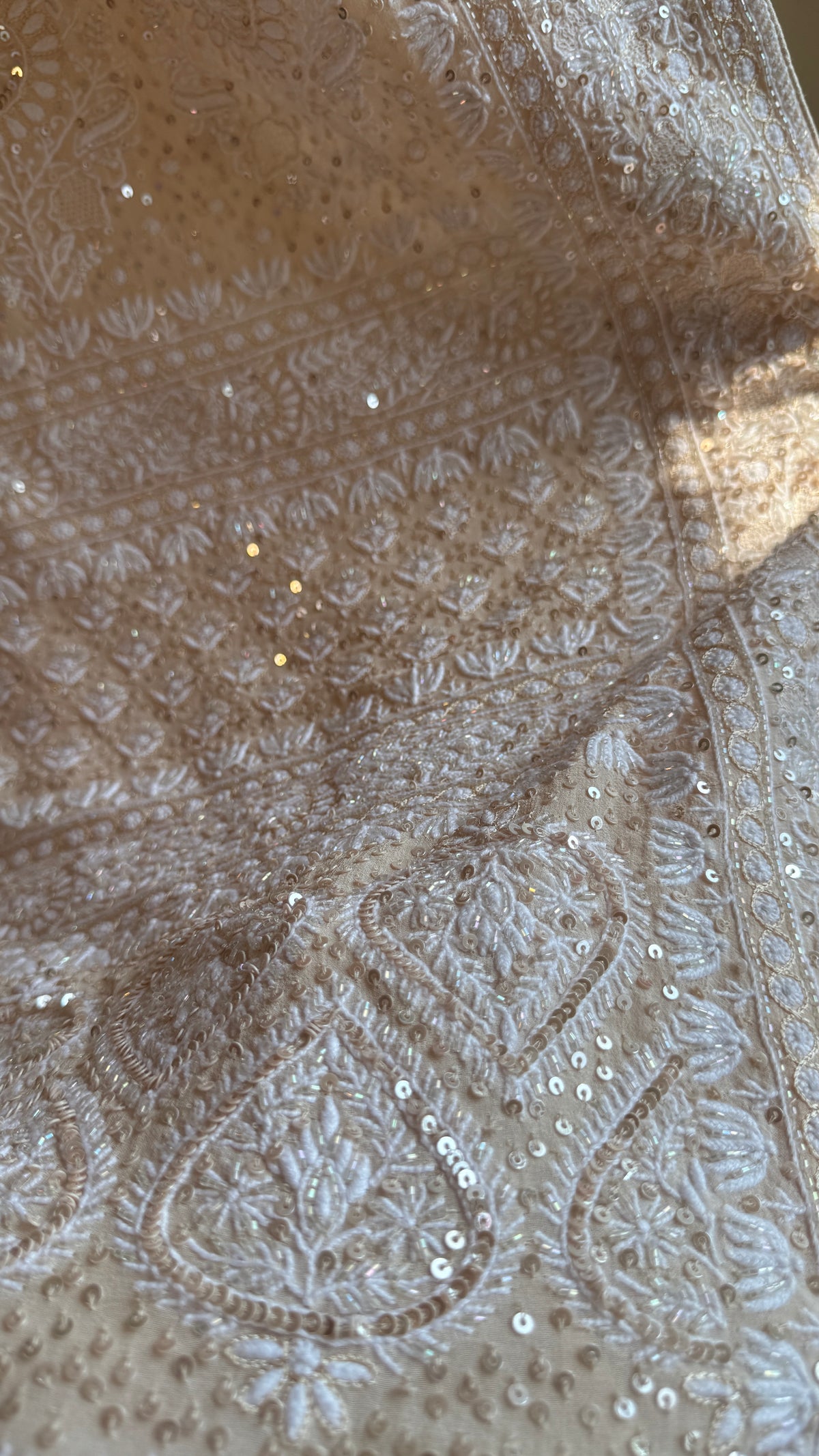 Pure Georgette Lucknow Chikankari Saree -Champagne Beige- Rooh Collection
