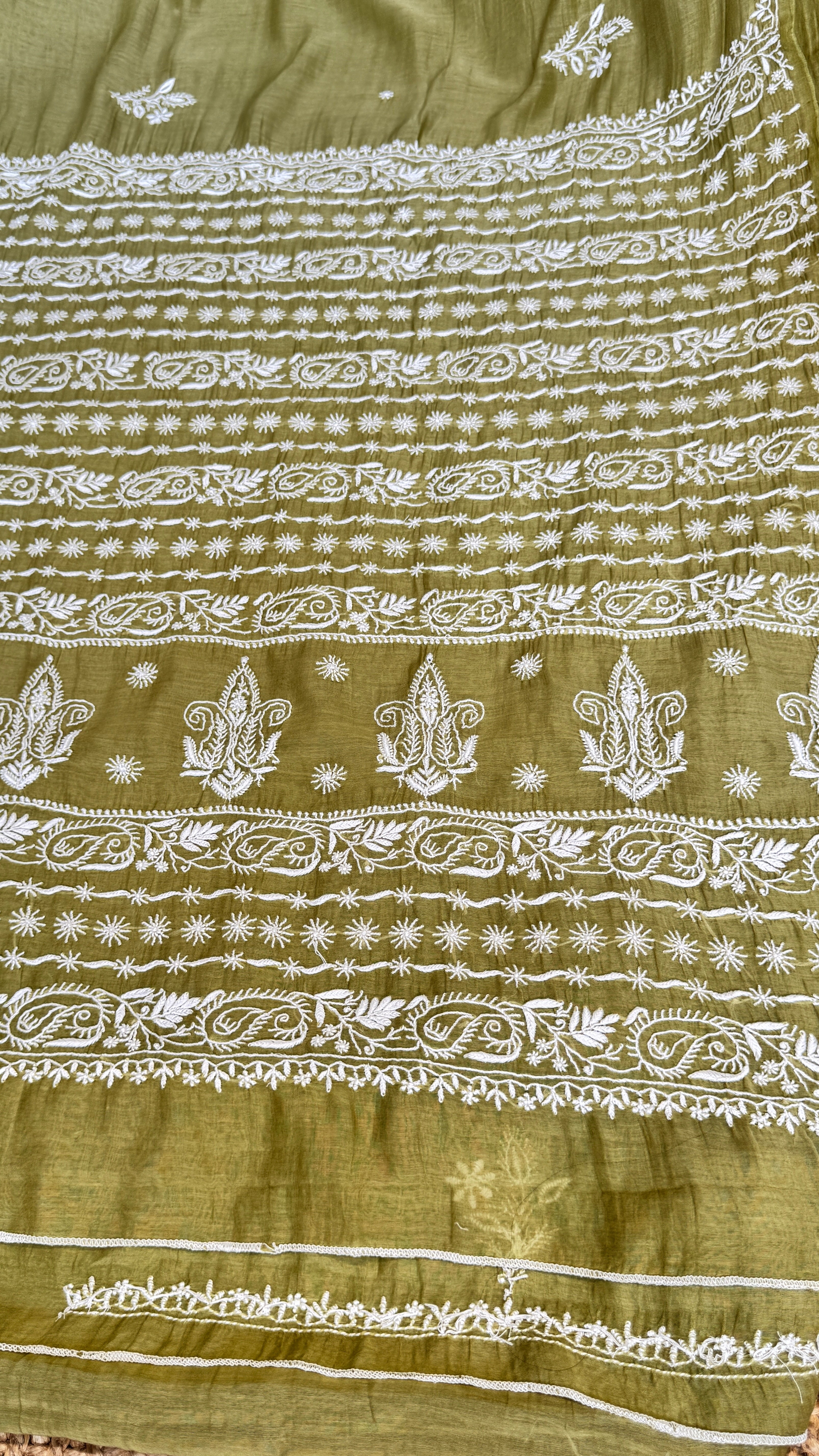 Pure Mul Chanderi Chikankari saree in Mehandi Green