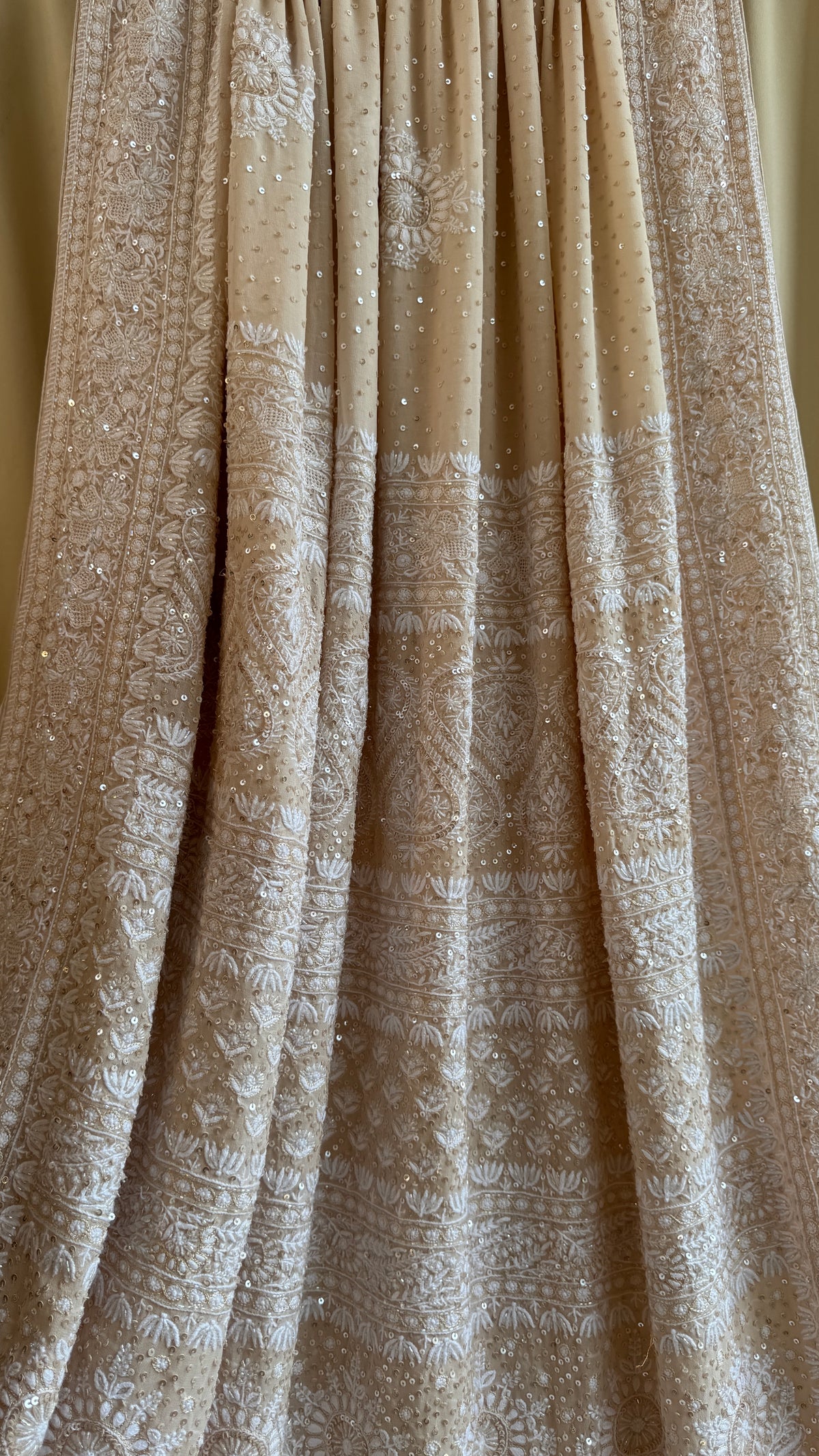Pure Georgette Lucknow Chikankari Saree -Champagne Beige- Rooh Collection