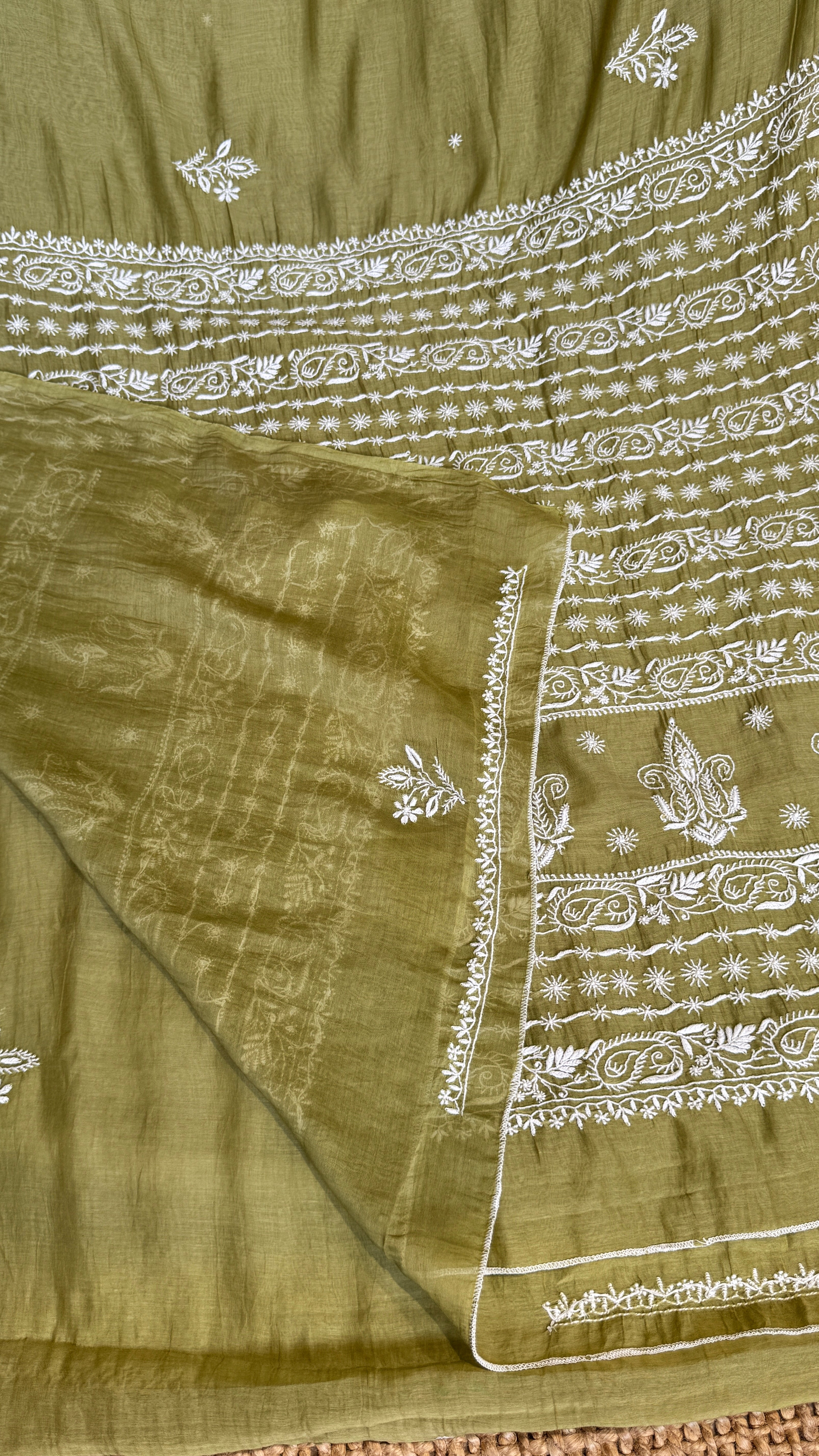 Pure Mul Chanderi Chikankari saree in Mehandi Green
