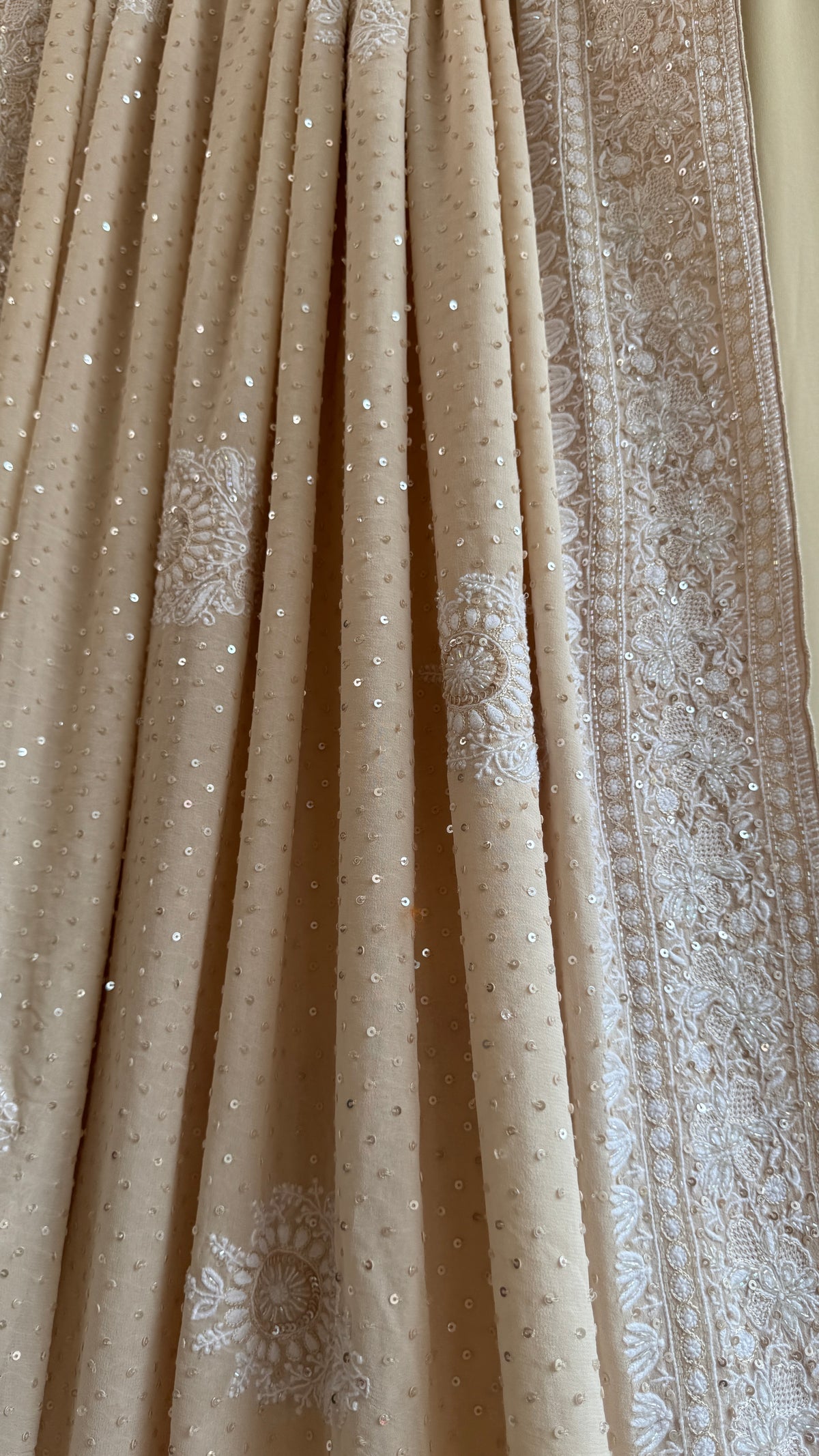 Pure Georgette Lucknow Chikankari Saree -Champagne Beige- Rooh Collection