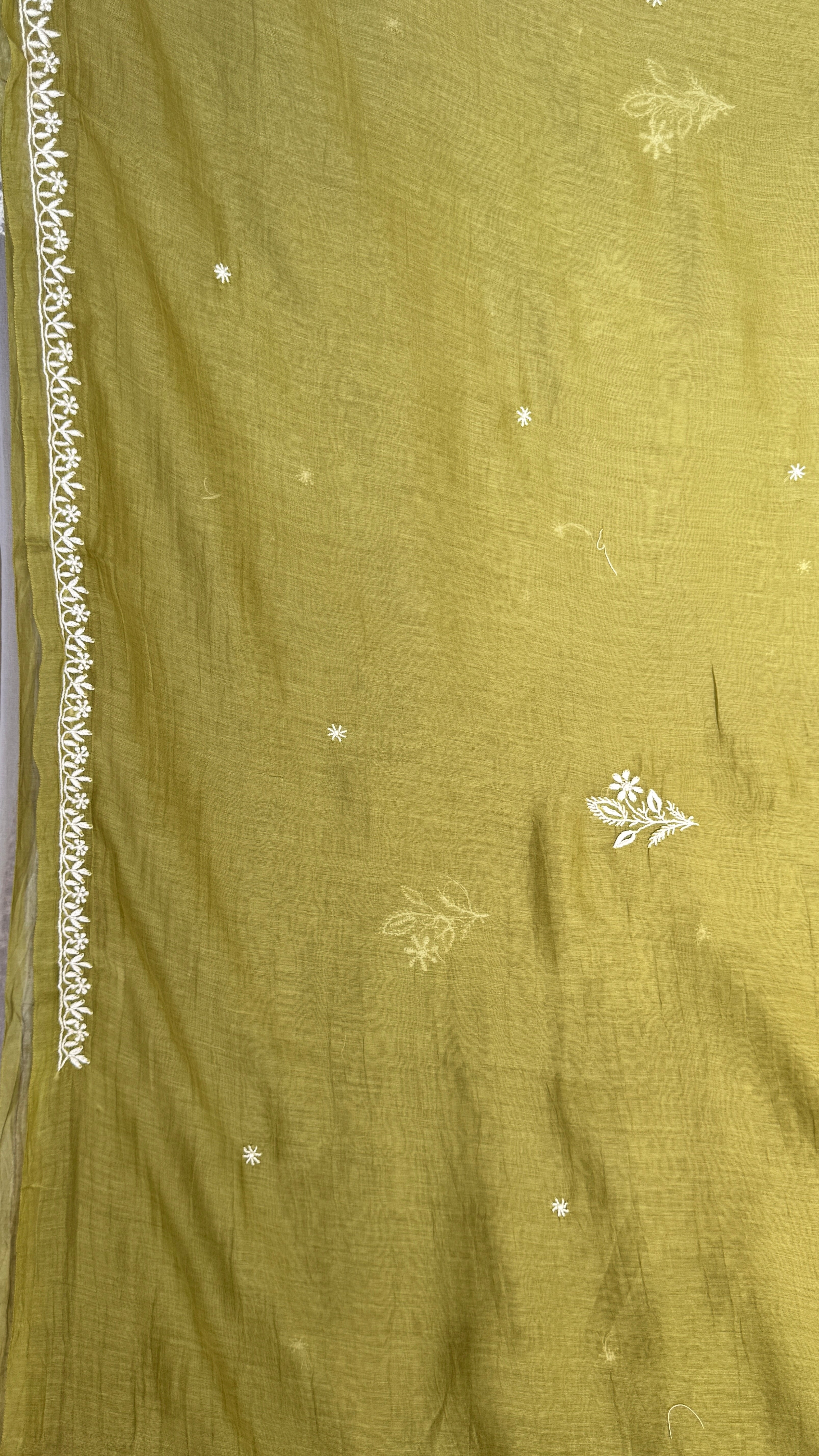 Pure Mul Chanderi Chikankari saree in Mehandi Green