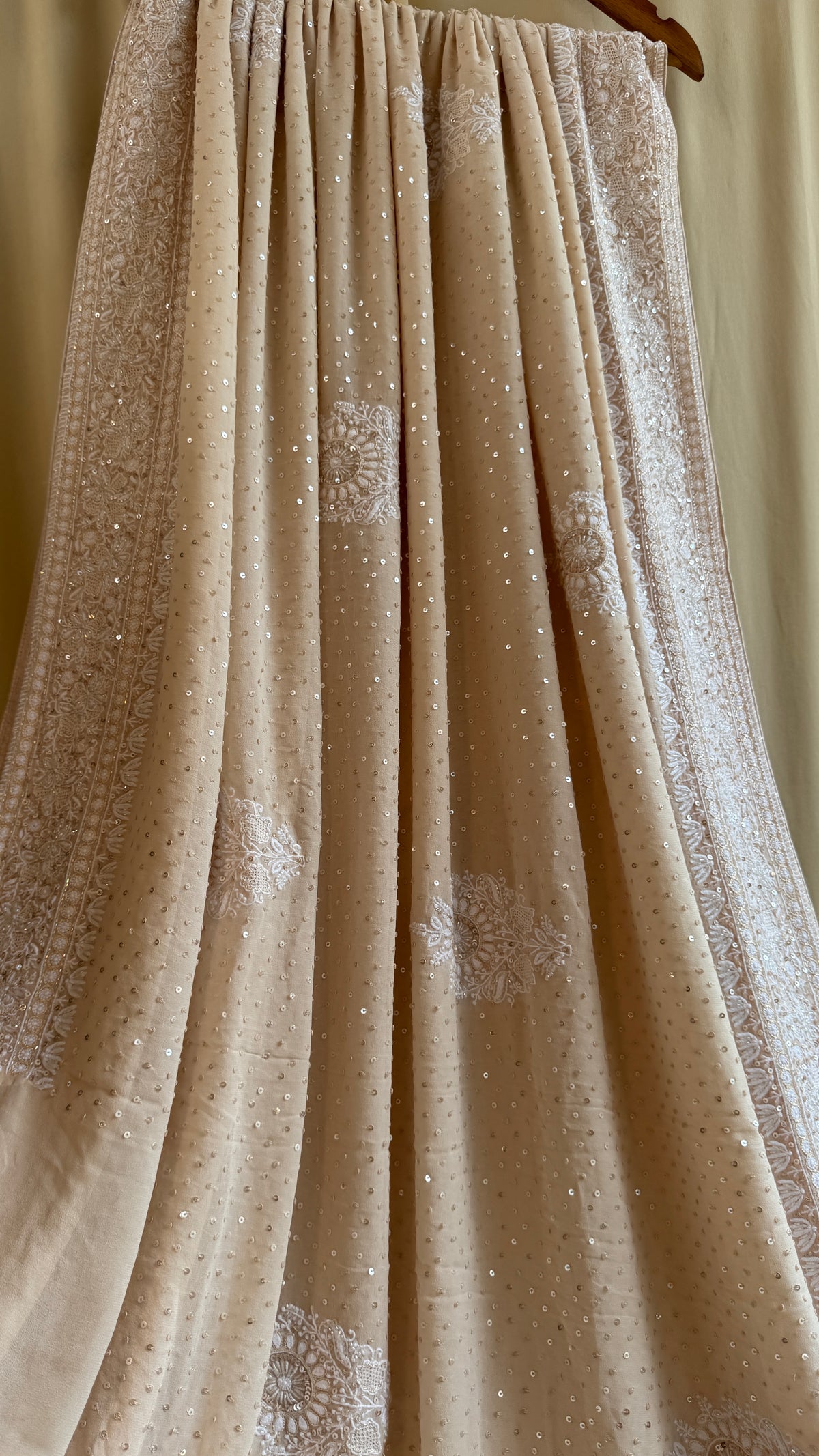 Pure Georgette Lucknow Chikankari Saree -Champagne Beige- Rooh Collection