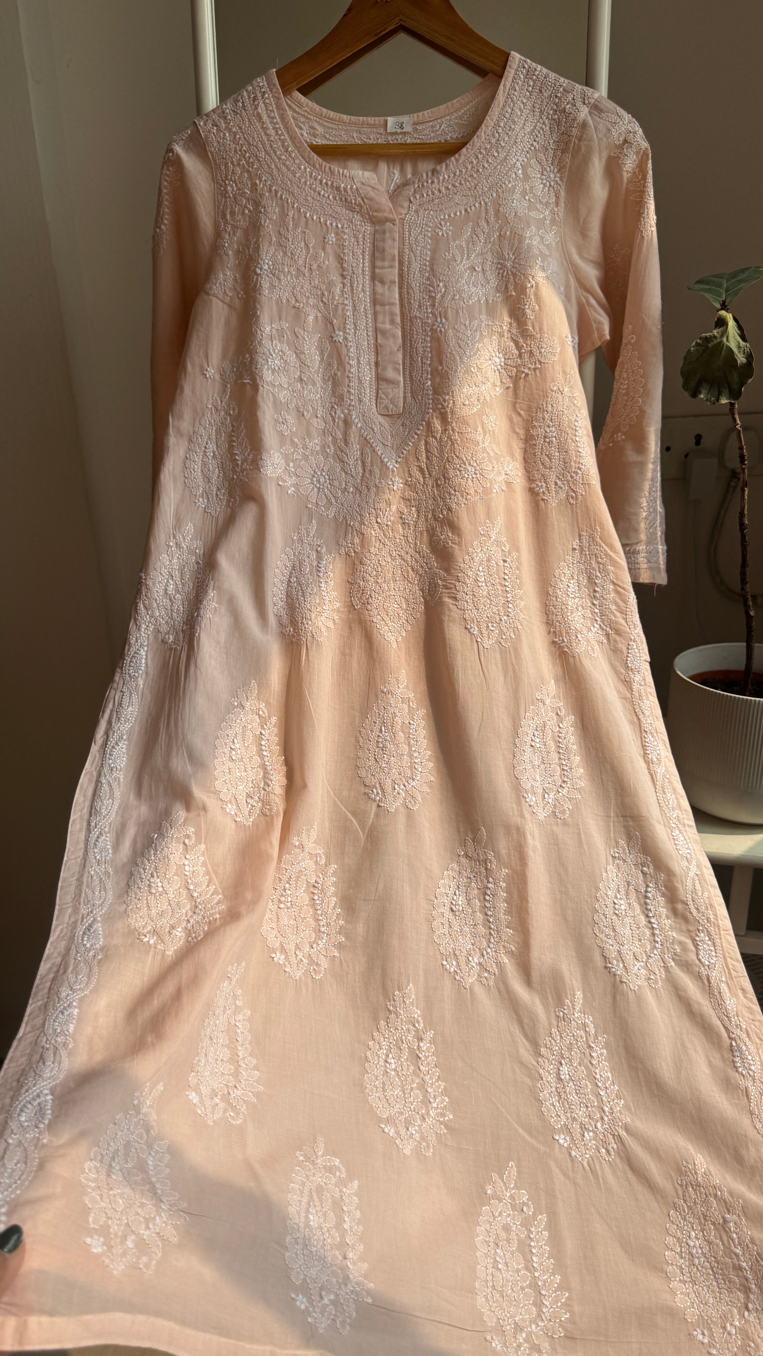 Mul Cotton Pale Pink Chikankari Kurti - Saaz Collection