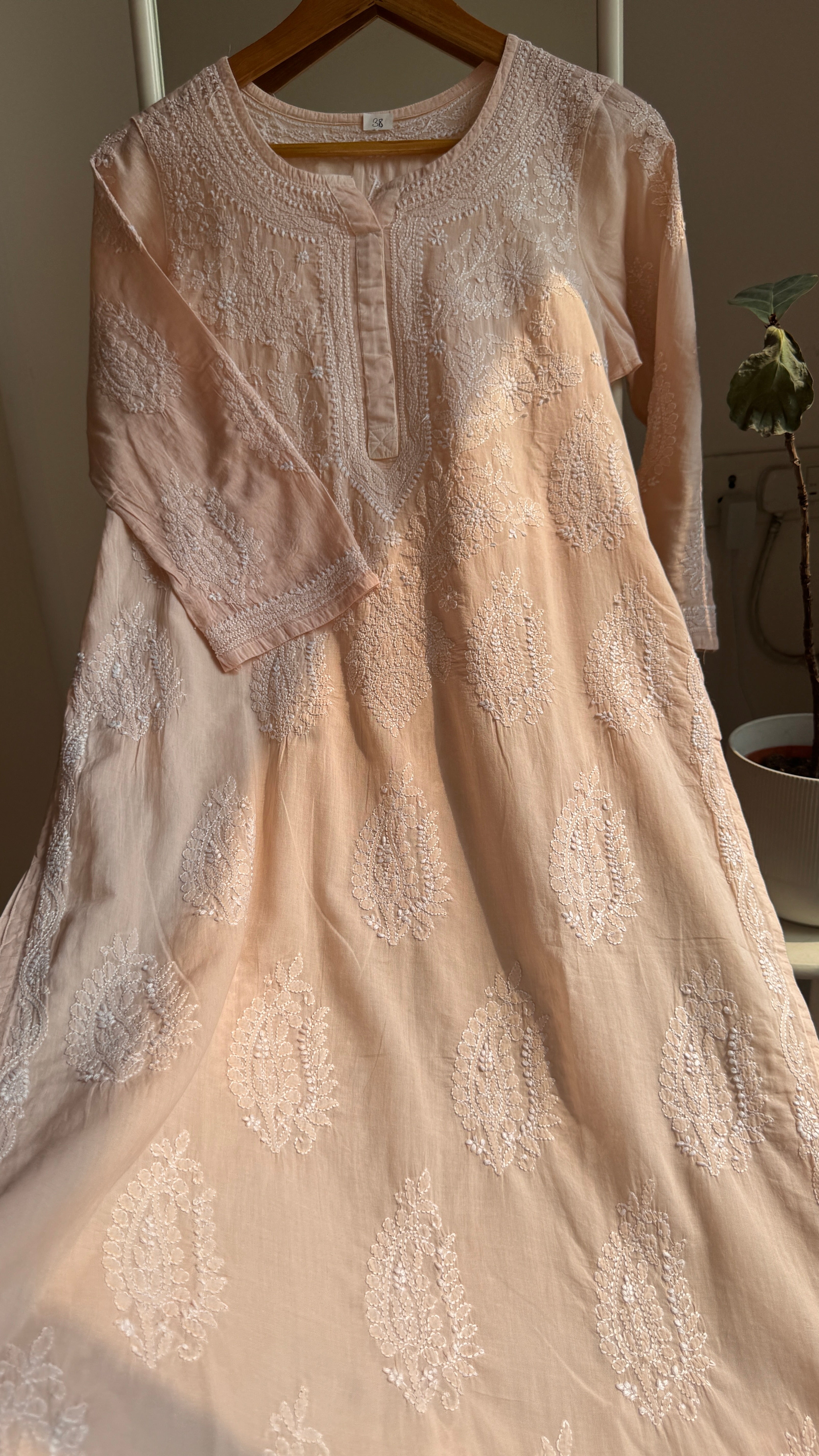 Mul Cotton Pale Pink Chikankari Kurti - Saaz Collection