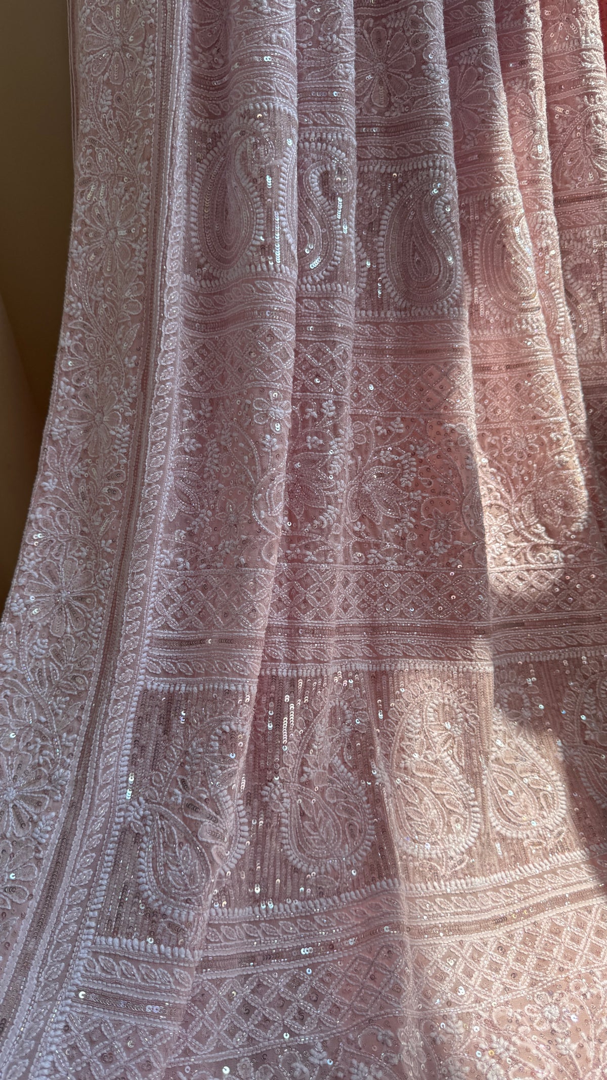 Pure Georgette Lucknow Chikankari Saree - Antique Rose Pink - Rooh Collection