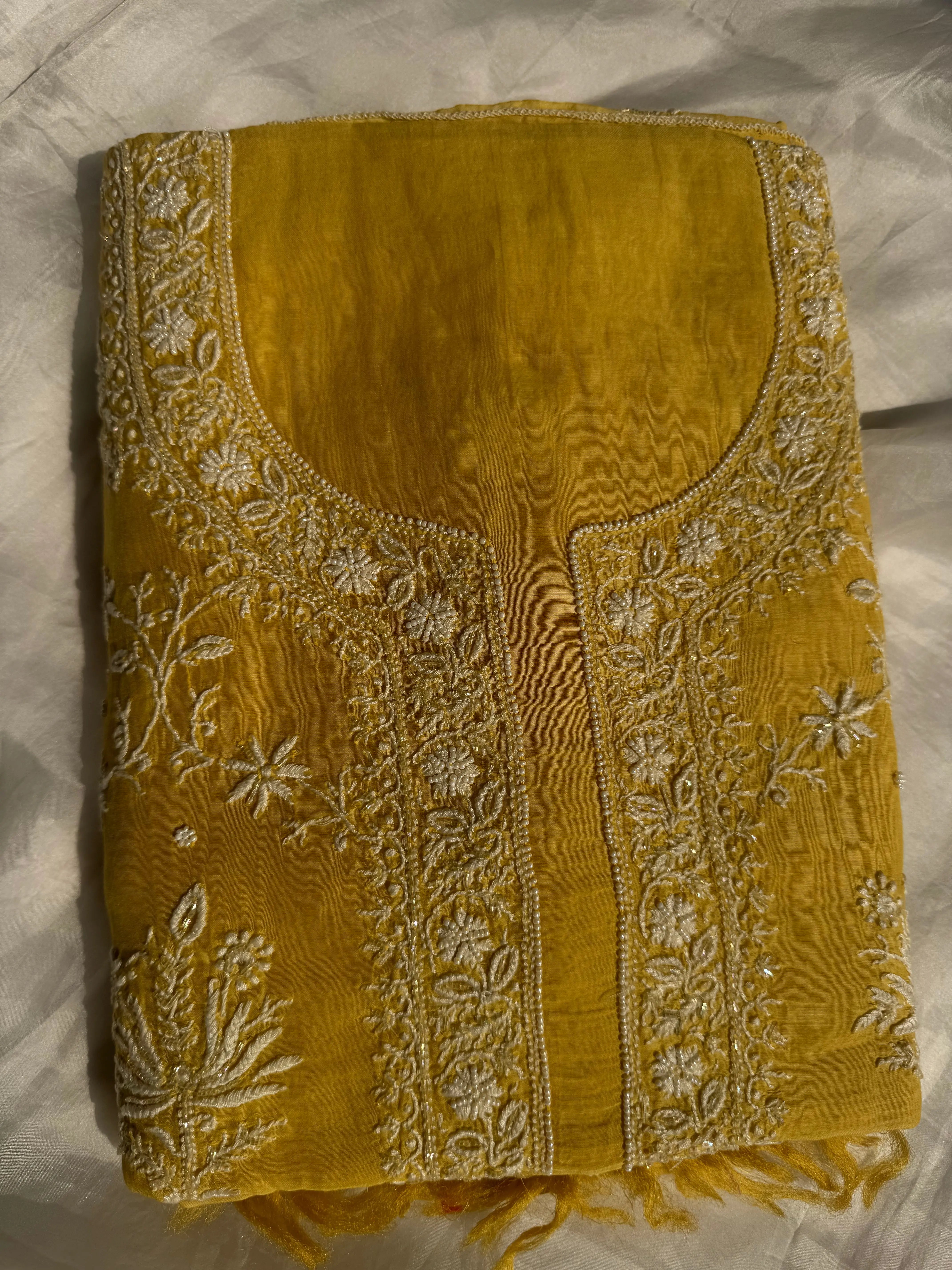Mul Chanderi Chikankari - Heavy Unstitched Set -Yellow ARIAA CHIKANKARI