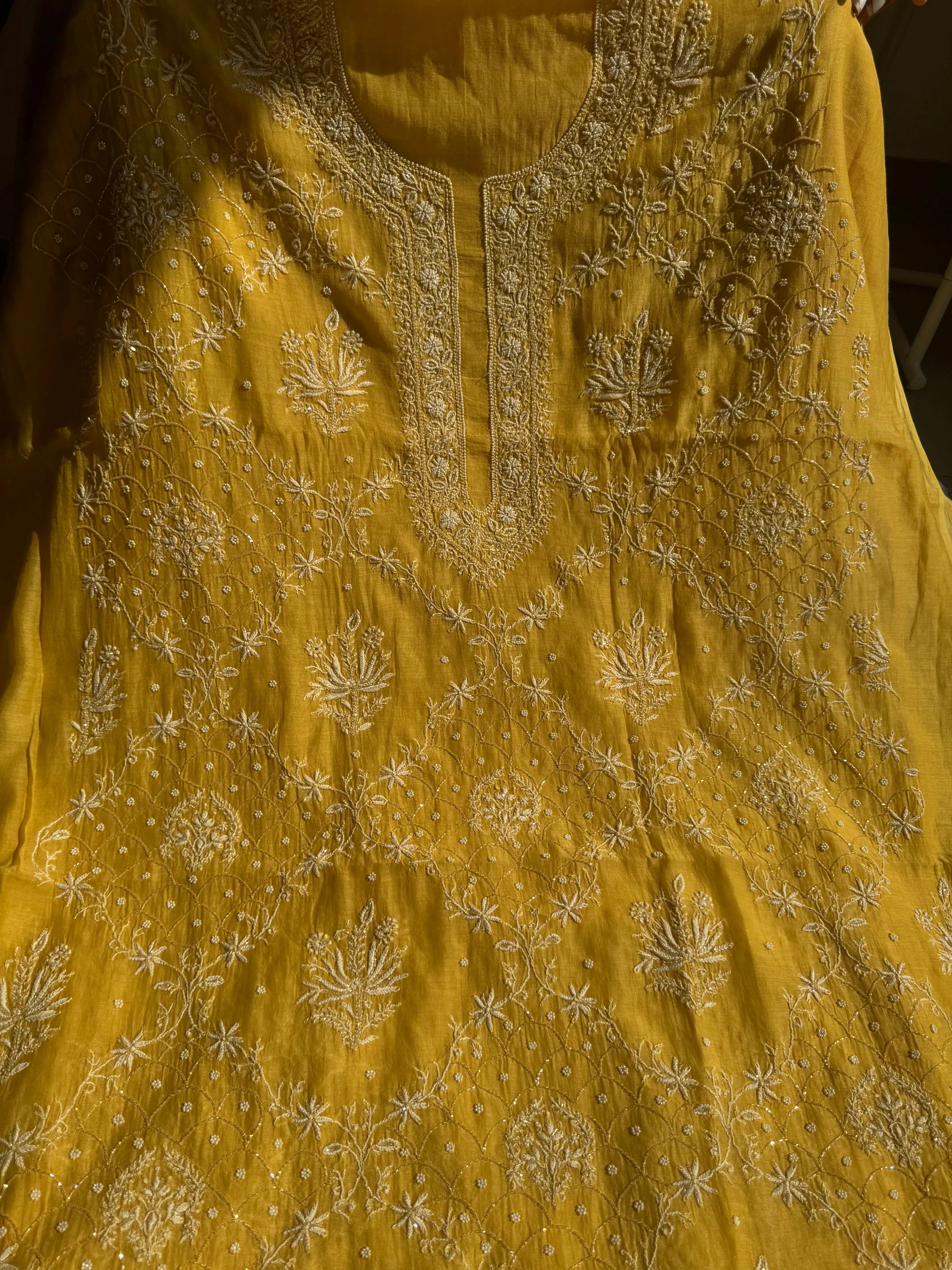 Mul Chanderi Chikankari - Heavy Unstitched Set -Yellow ARIAA CHIKANKARI