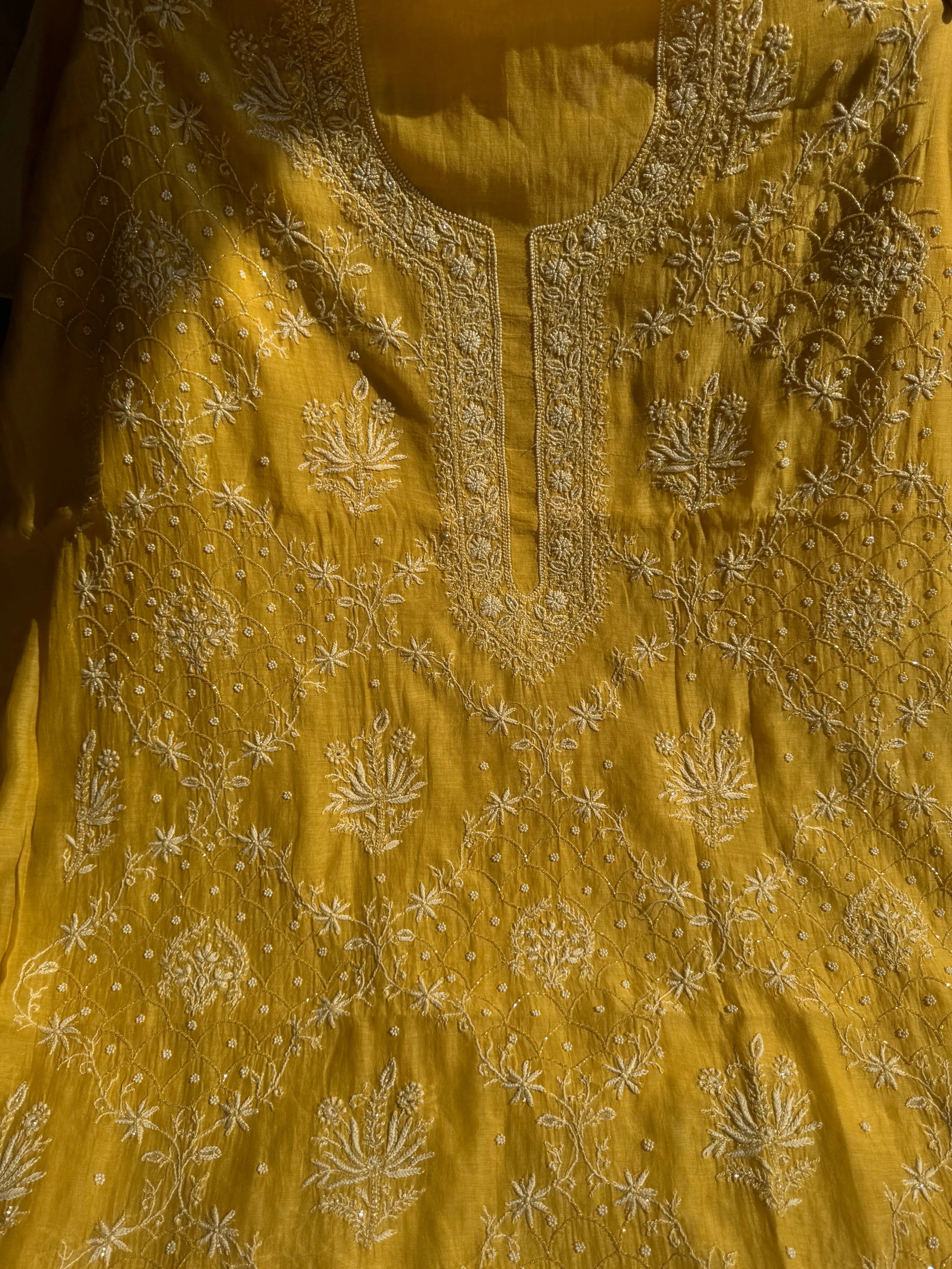 Mul Chanderi Chikankari - Heavy Unstitched Set -Yellow ARIAA CHIKANKARI