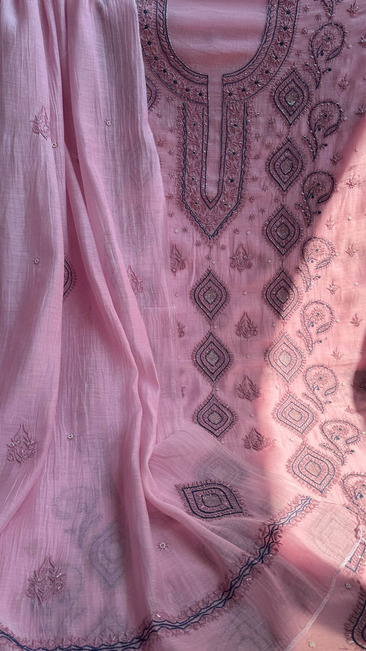Mul Chanderi Chikankari - Unstitched Set - Multi Colour