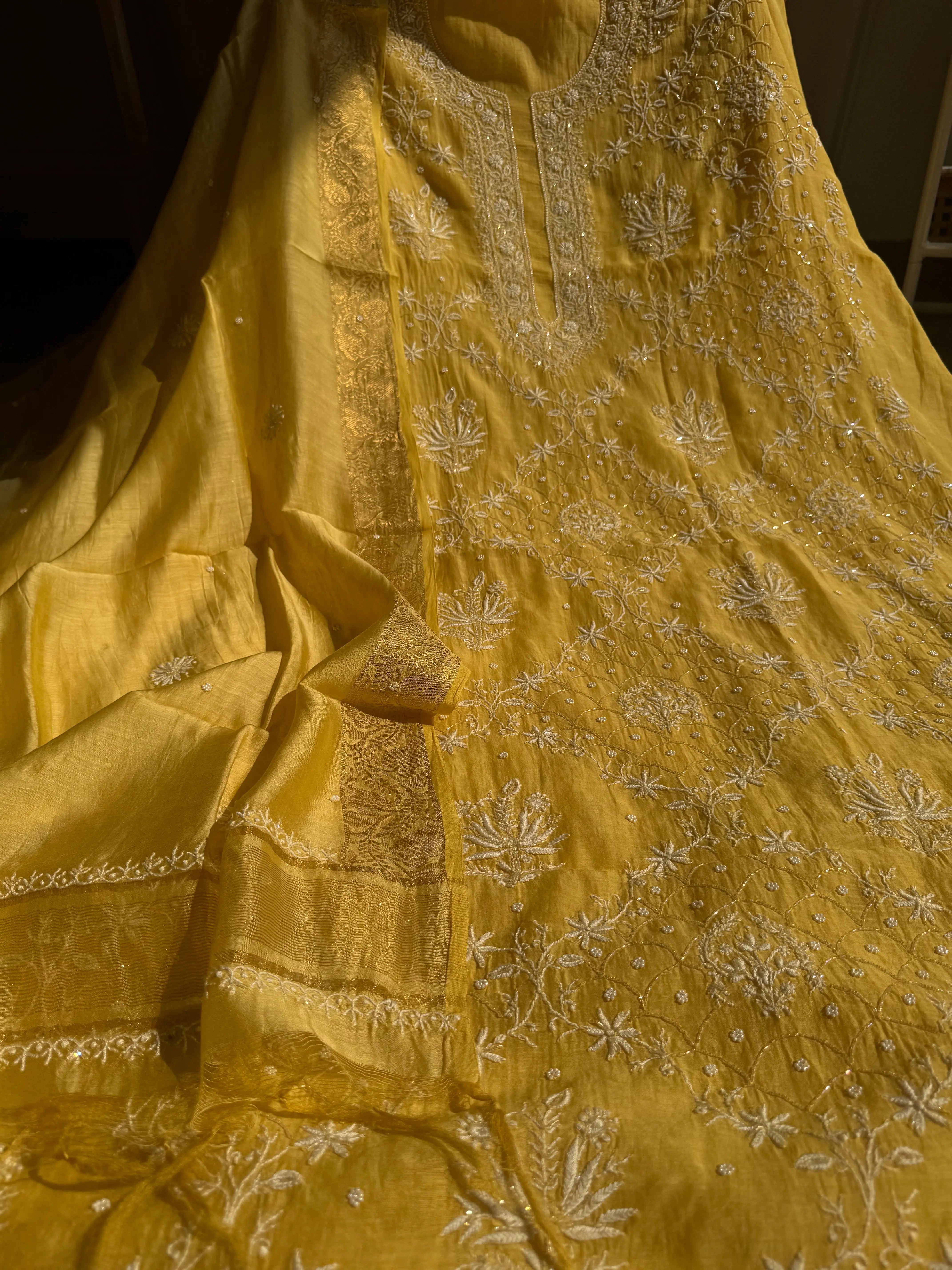 Mul Chanderi Chikankari - Heavy Unstitched Set -Yellow ARIAA CHIKANKARI