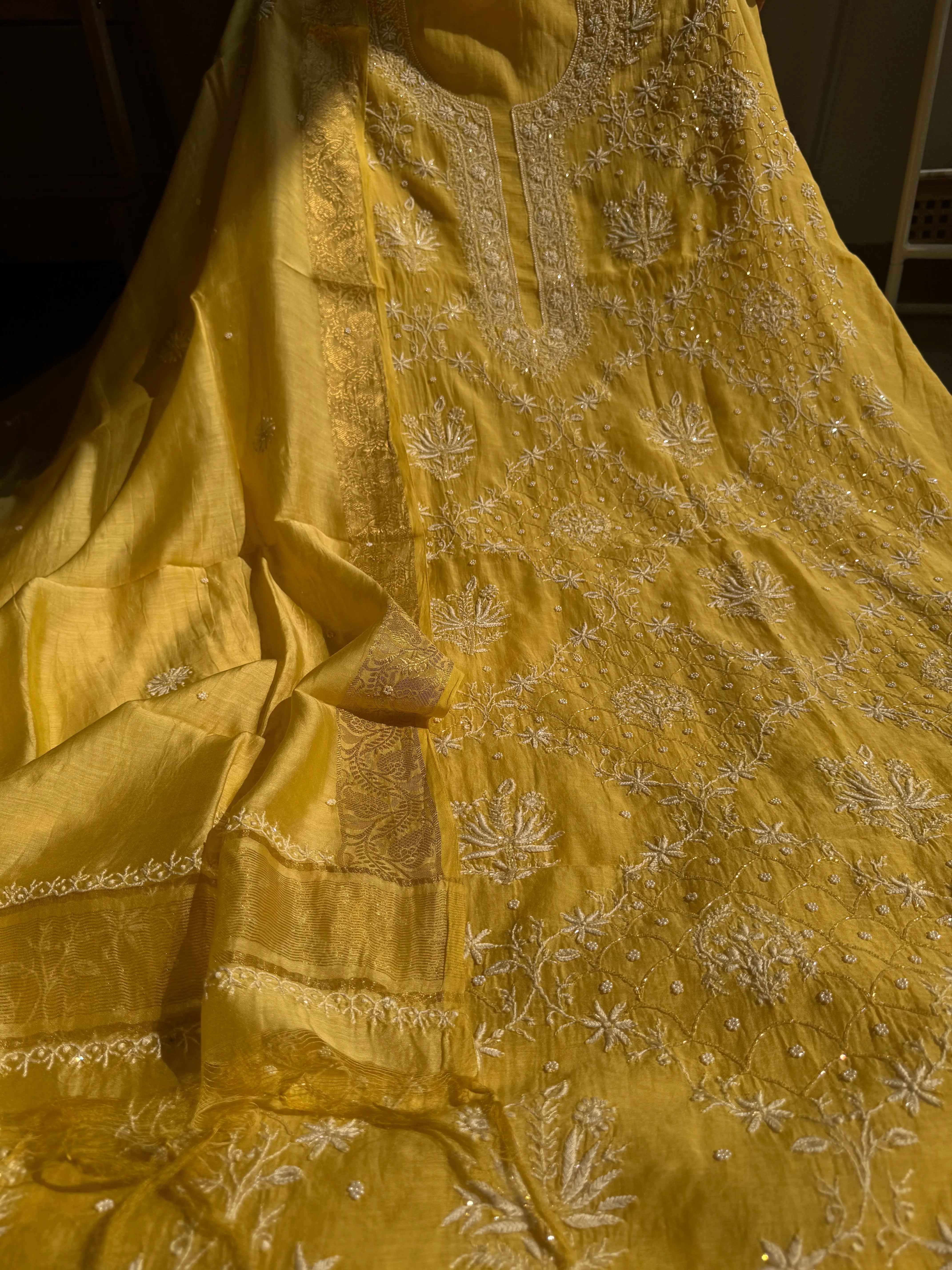 Mul Chanderi Chikankari - Heavy Unstitched Set -Yellow ARIAA CHIKANKARI