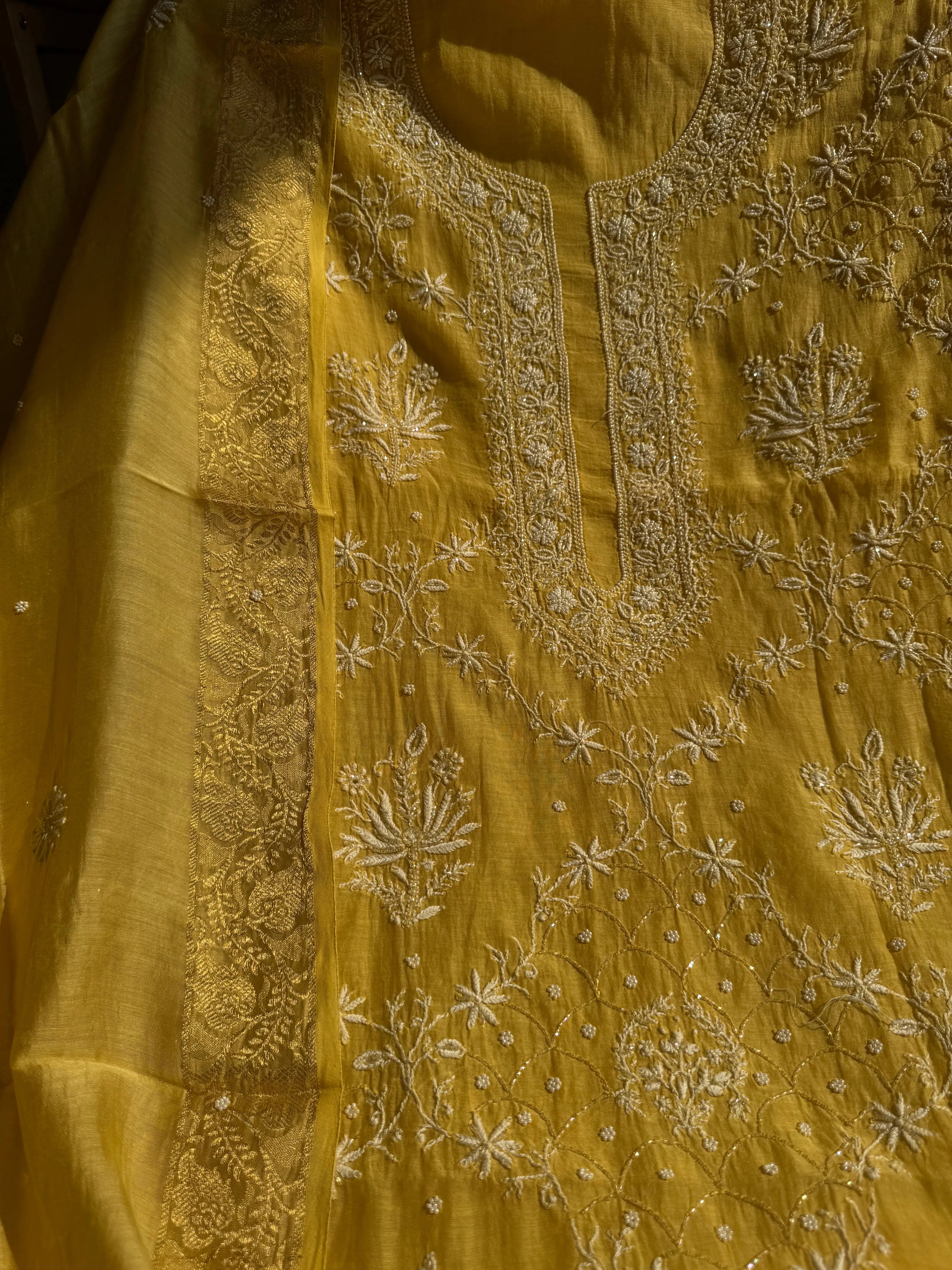 Mul Chanderi Chikankari - Heavy Unstitched Set -Yellow ARIAA CHIKANKARI