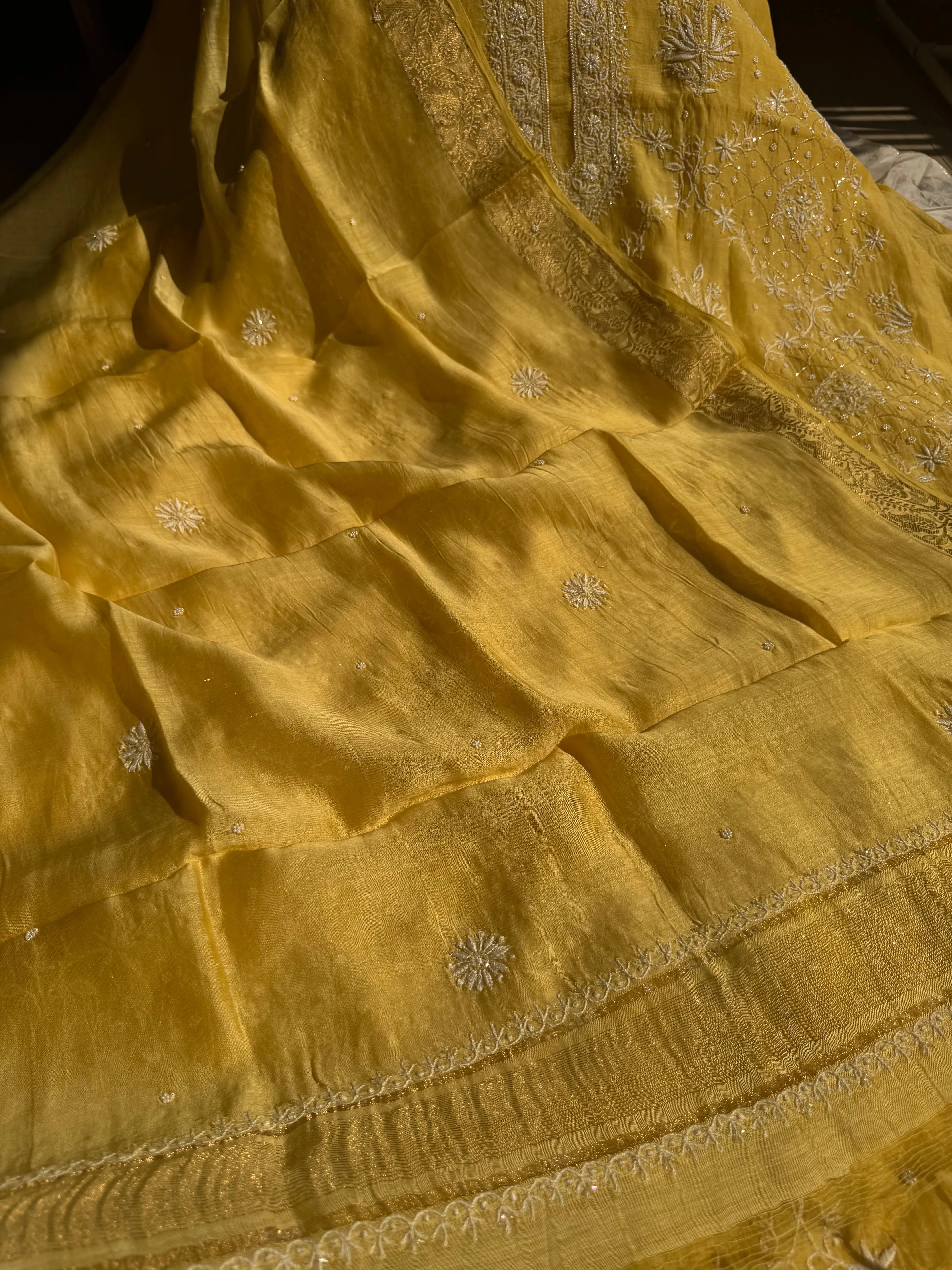 Mul Chanderi Chikankari - Heavy Unstitched Set -Yellow ARIAA CHIKANKARI