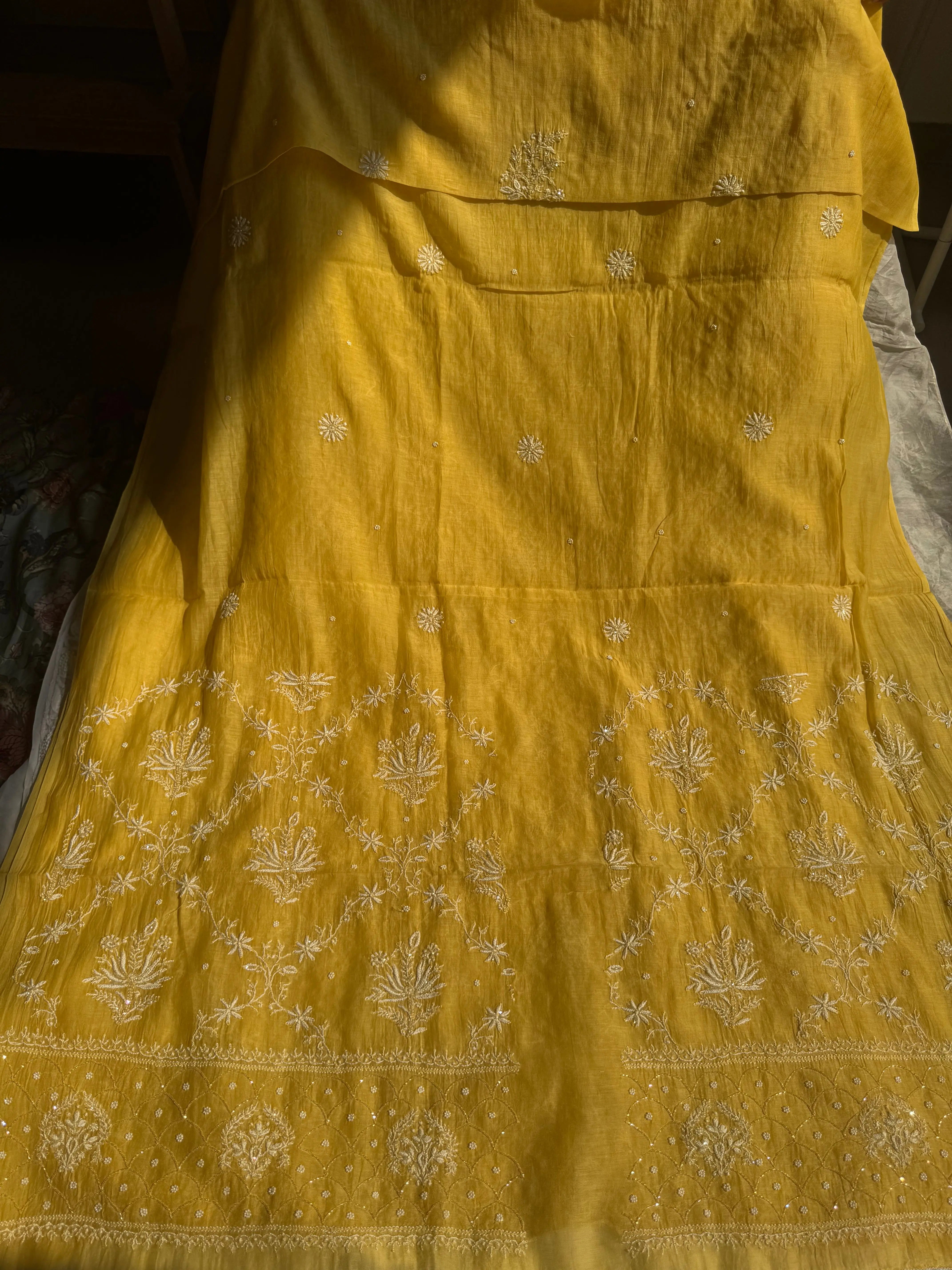 Mul Chanderi Chikankari - Heavy Unstitched Set -Yellow ARIAA CHIKANKARI