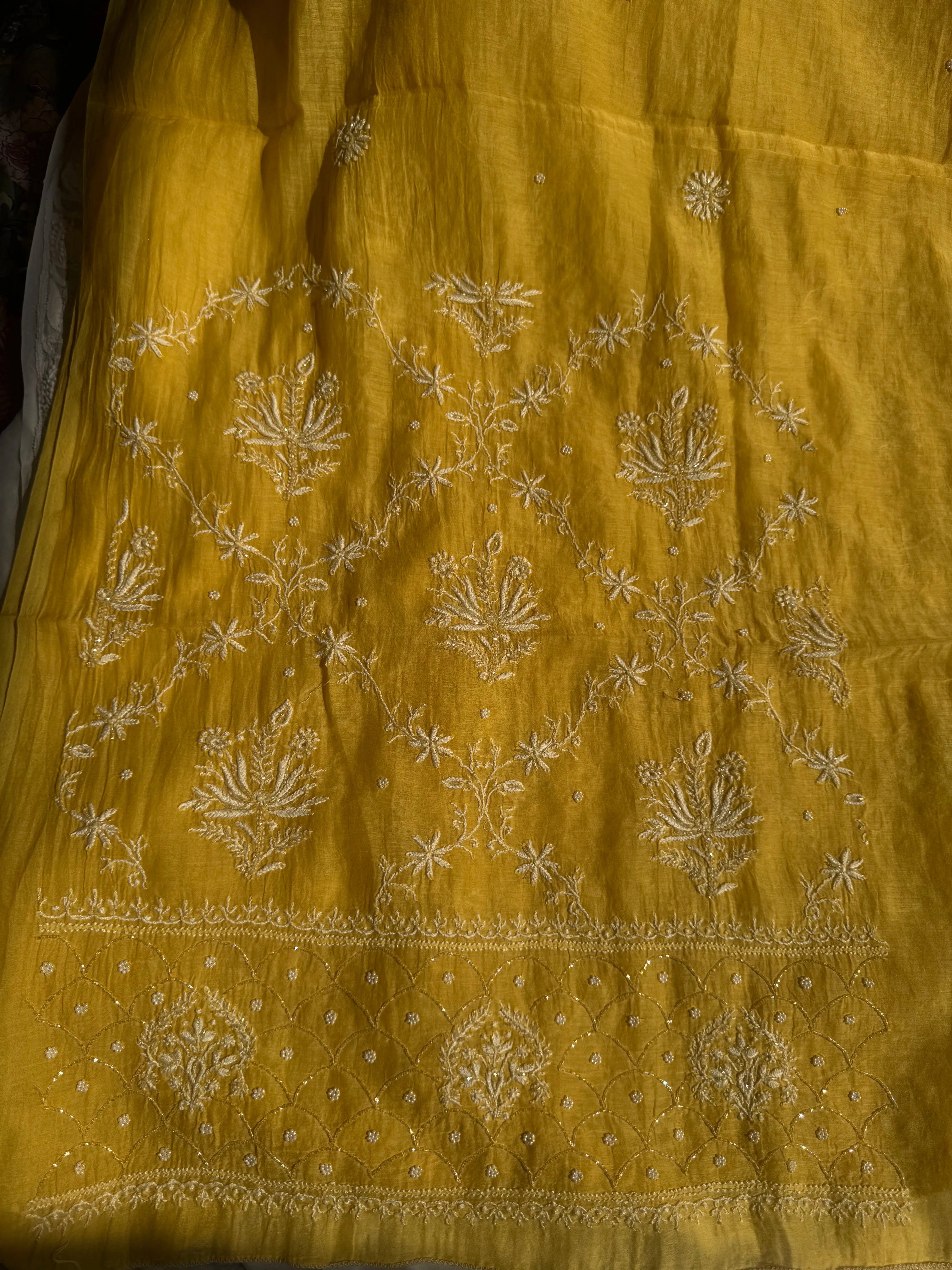 Mul Chanderi Chikankari - Heavy Unstitched Set -Yellow ARIAA CHIKANKARI