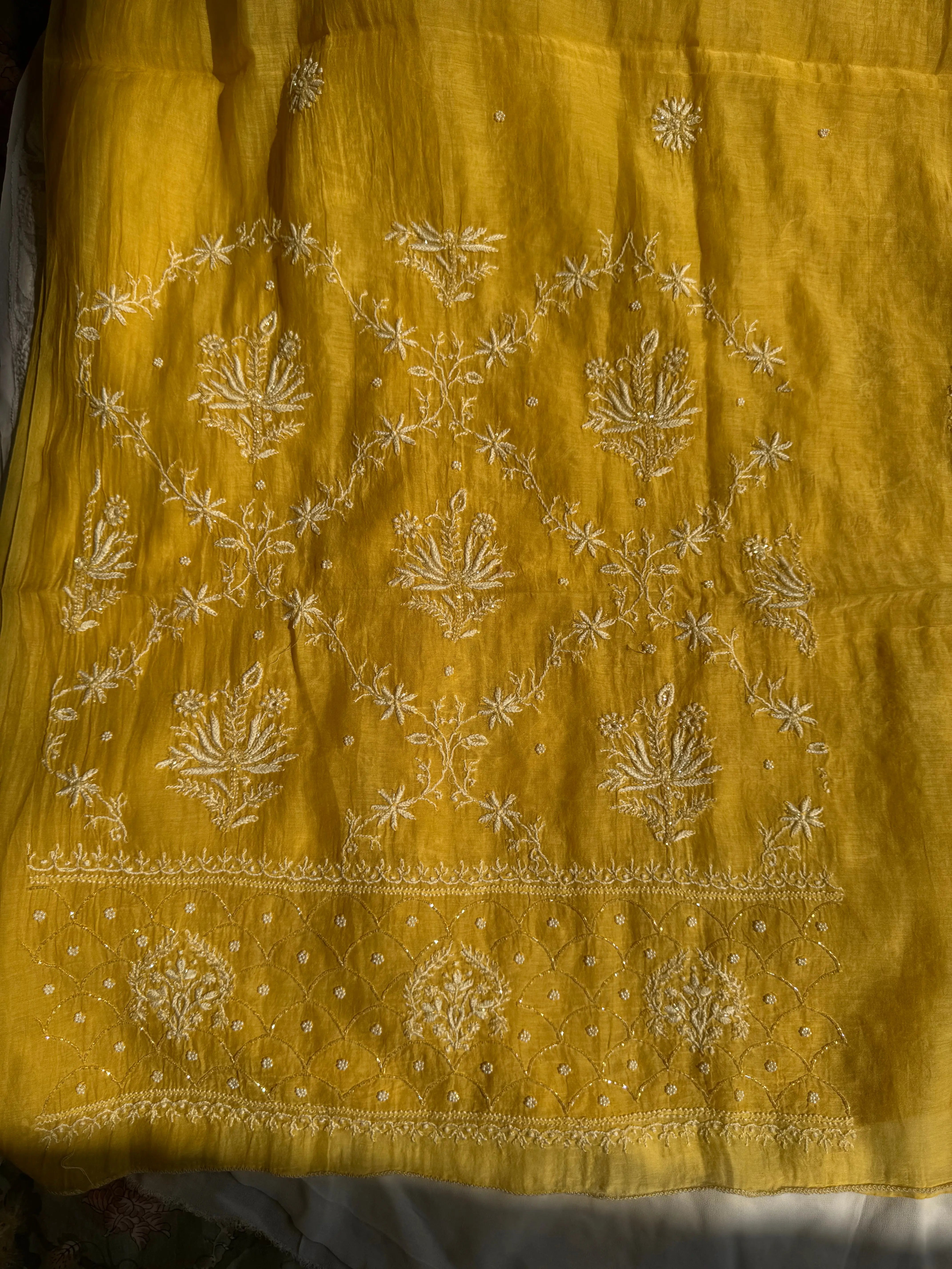 Mul Chanderi Chikankari - Heavy Unstitched Set -Yellow ARIAA CHIKANKARI