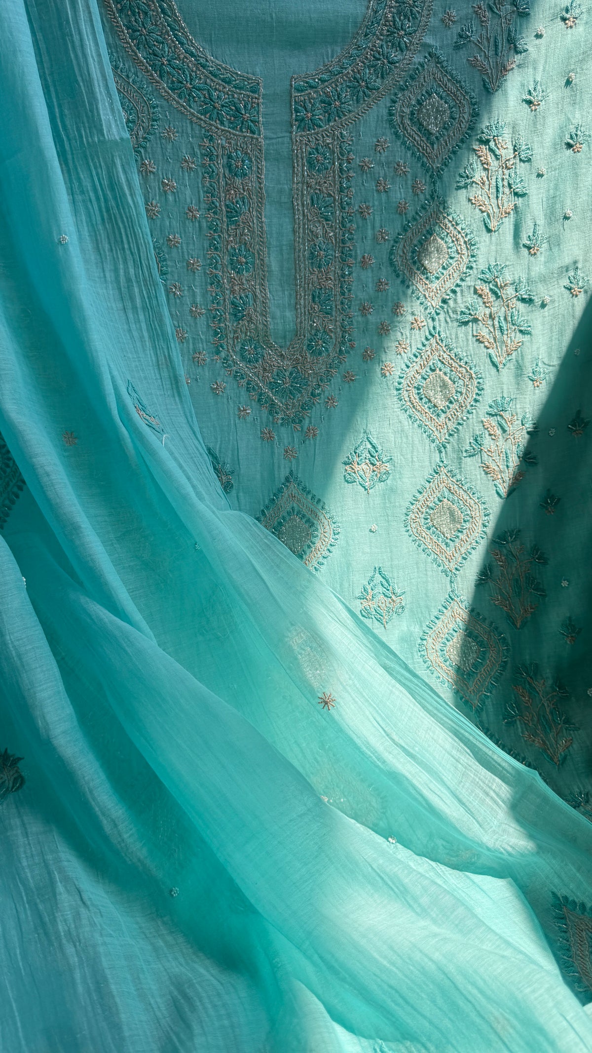 Mul Chanderi Chikankari - Unstitched Set - Multi Colour (Copy)