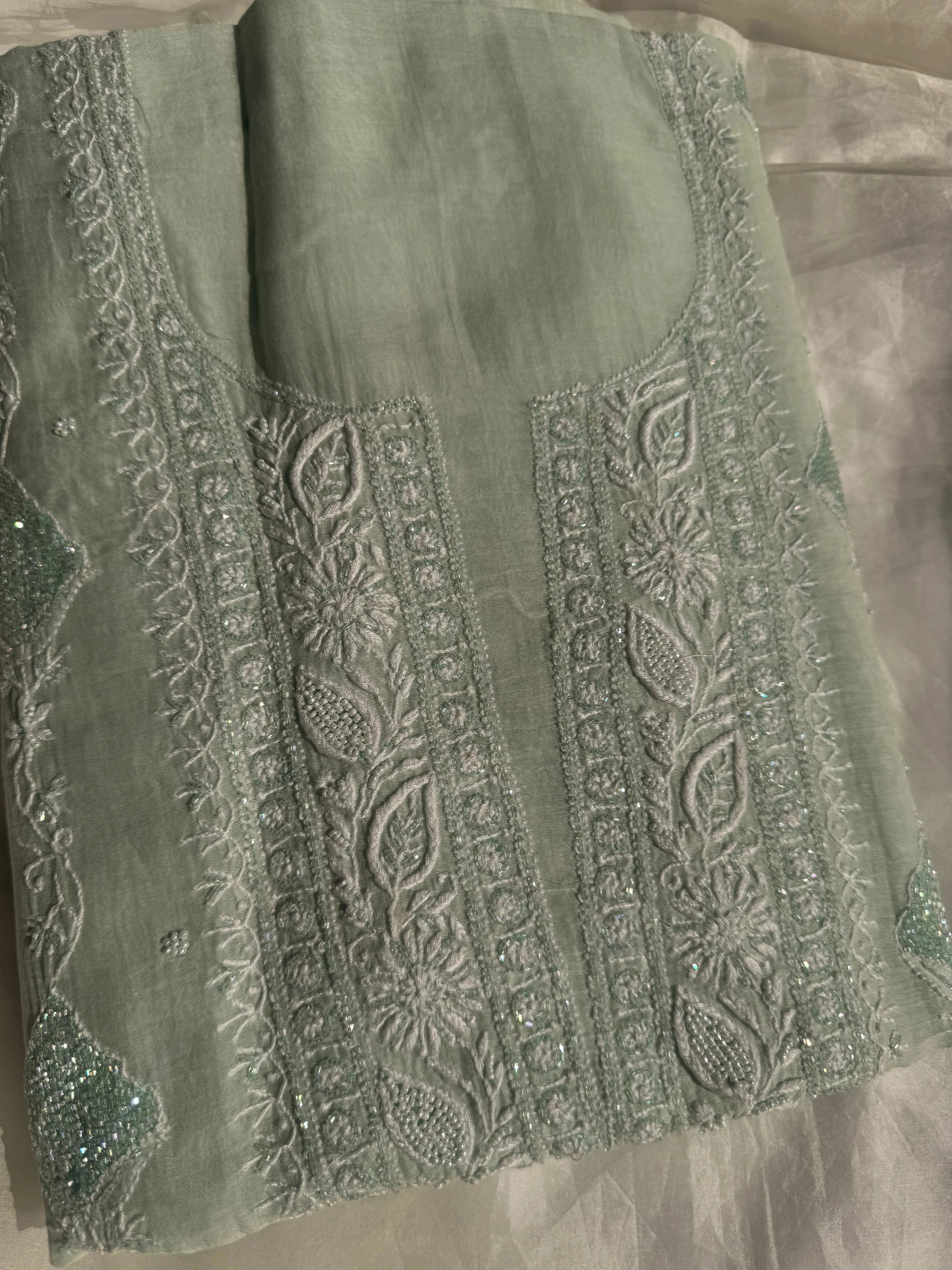 Mul Chanderi Chikankari - Heavy Unstitched Set - Cyan Blue ARIAA CHIKANKARI
