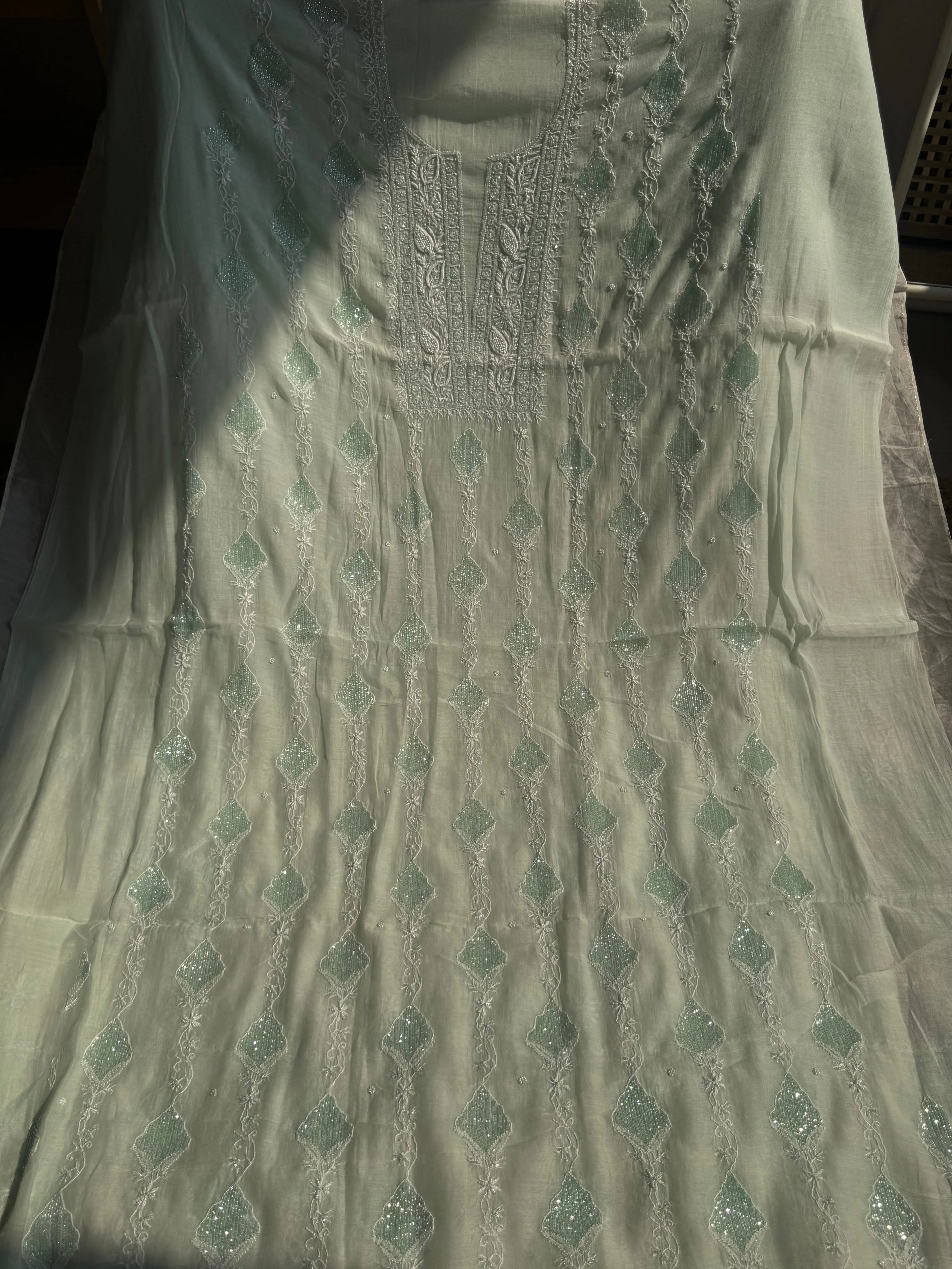 Mul Chanderi Chikankari - Heavy Unstitched Set - Cyan Blue ARIAA CHIKANKARI