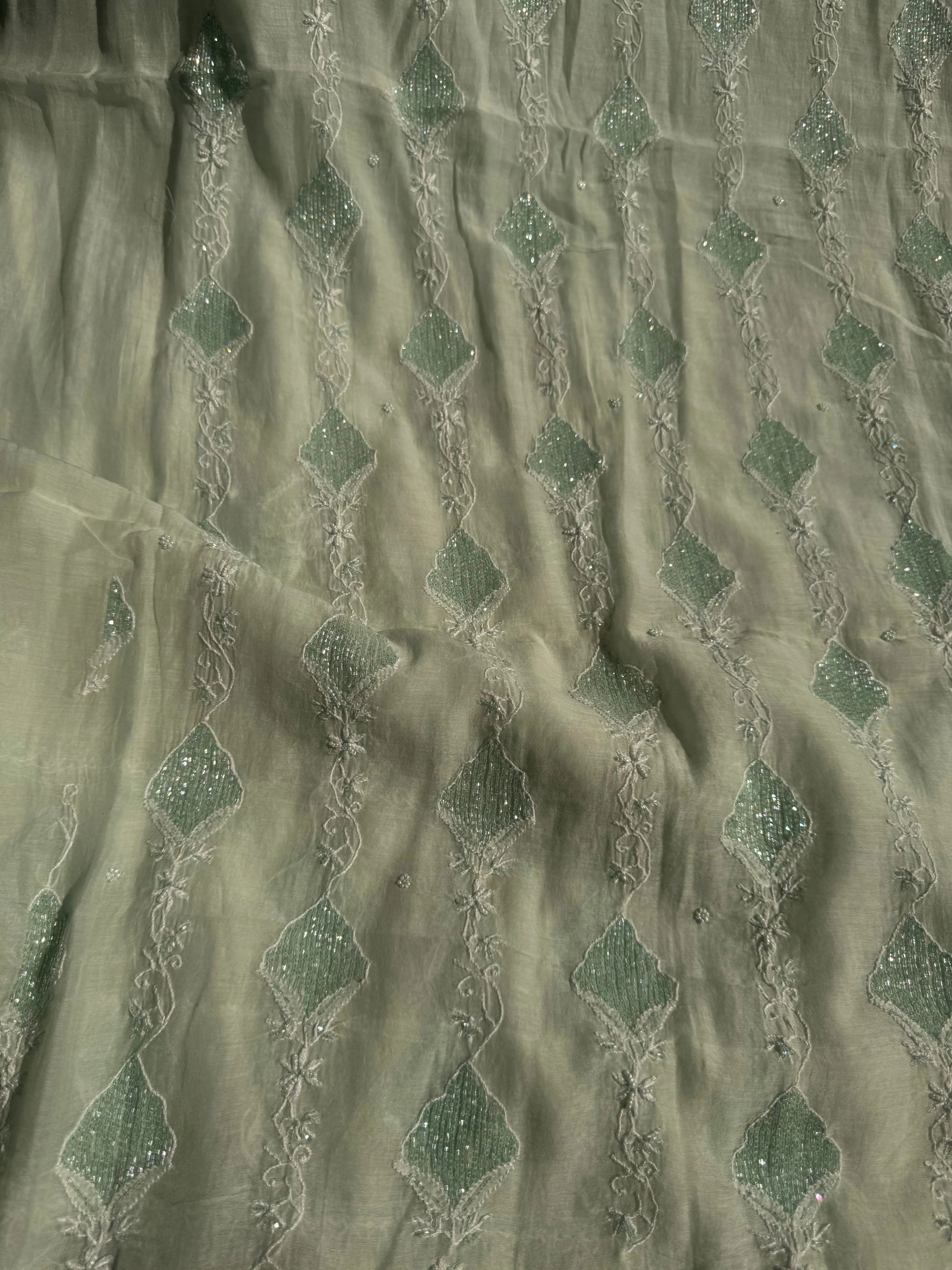 Mul Chanderi Chikankari - Heavy Unstitched Set - Cyan Blue ARIAA CHIKANKARI