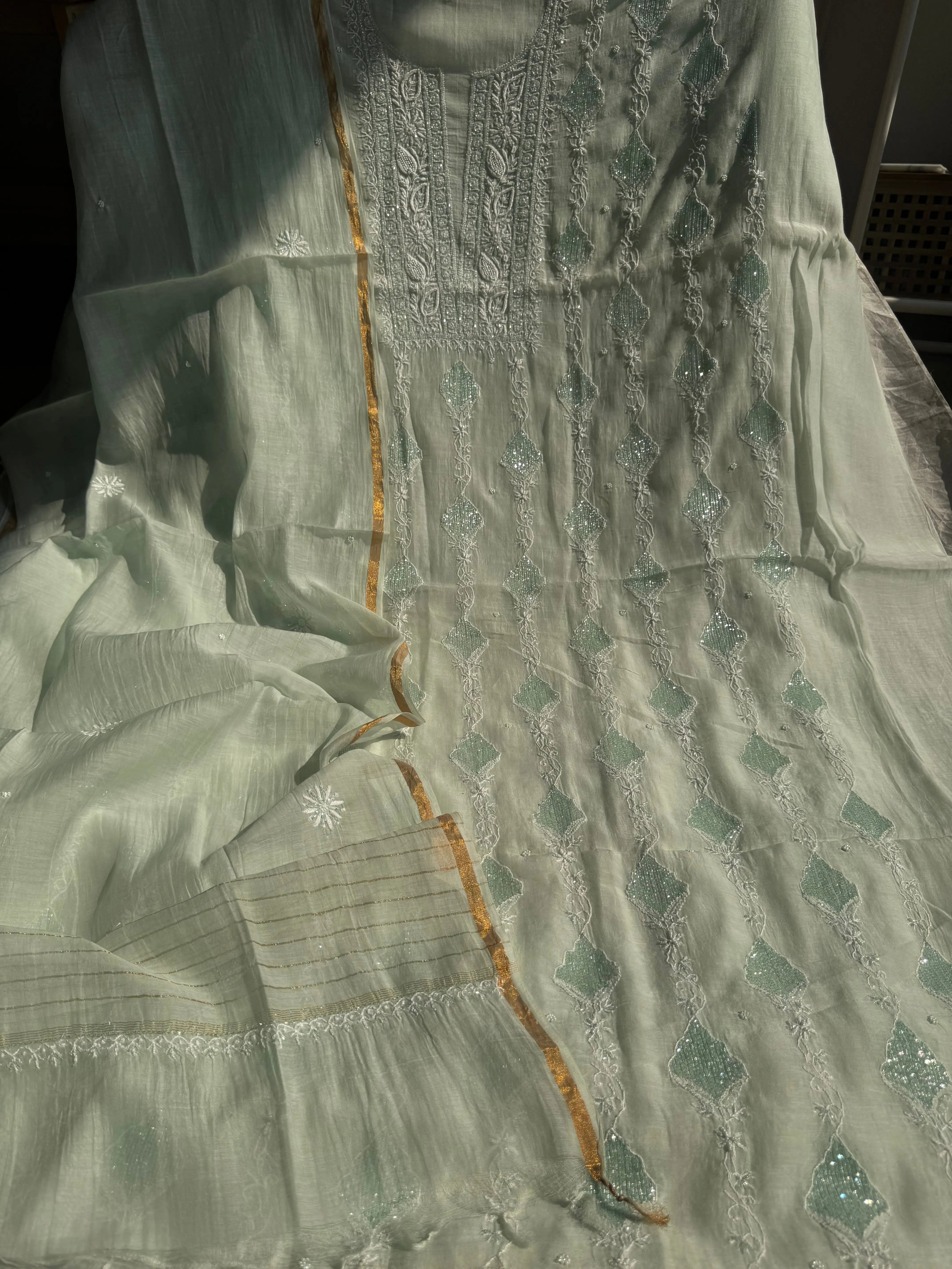 Mul Chanderi Chikankari - Heavy Unstitched Set - Cyan Blue ARIAA CHIKANKARI
