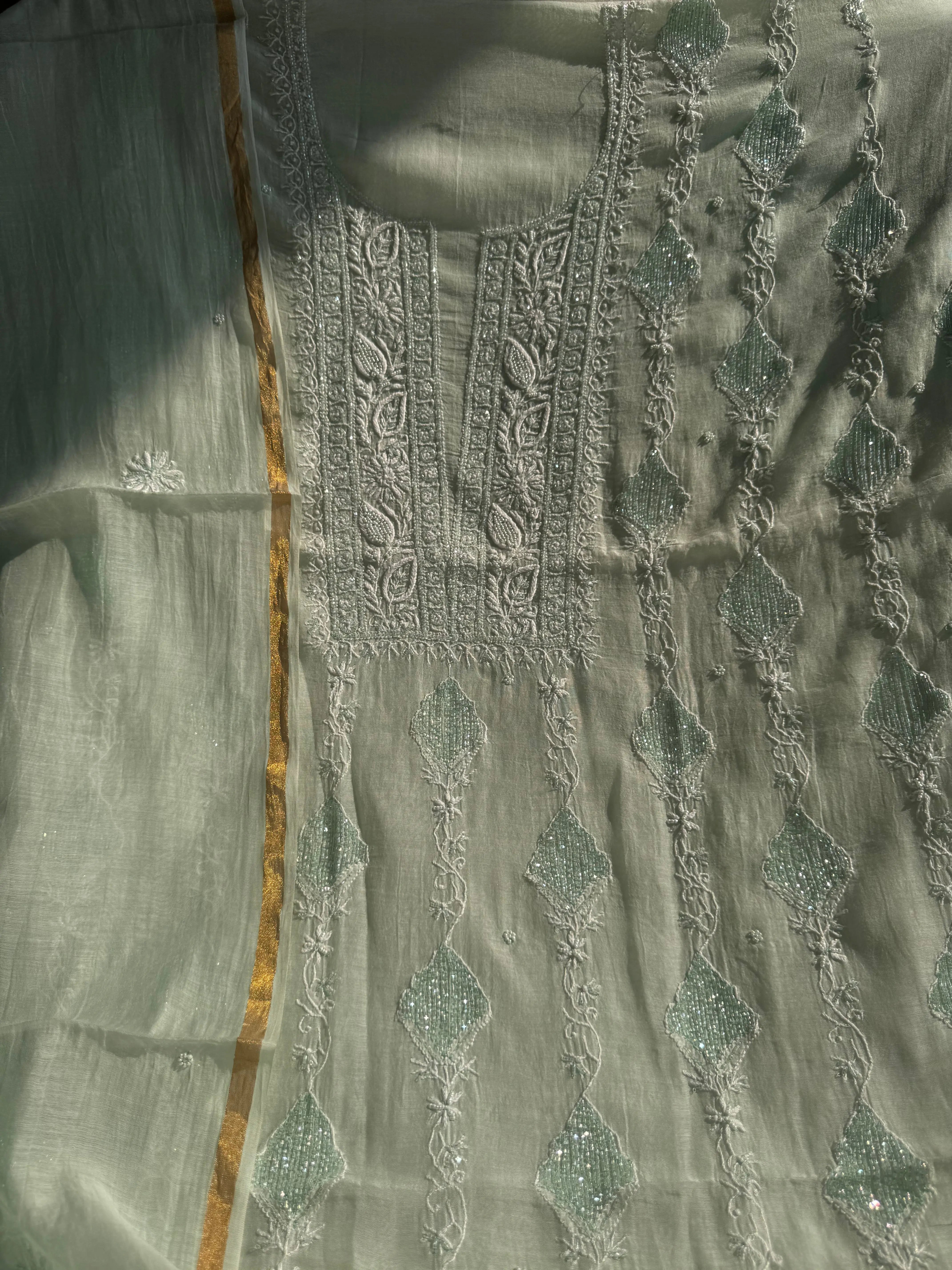 Mul Chanderi Chikankari - Heavy Unstitched Set - Cyan Blue ARIAA CHIKANKARI